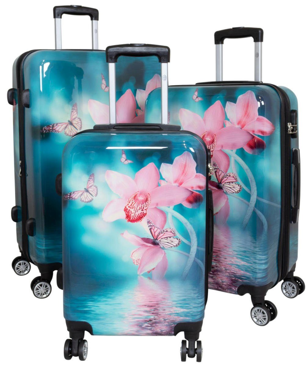 Warenhandel König Trolleyset Orchidee, 4 Rollen, (Gr. M, L und XL, 3 tlg., Hartschalen Trolley Set), mit Motiv, Dehnfalte zur Vergrößerung des Packvolumens