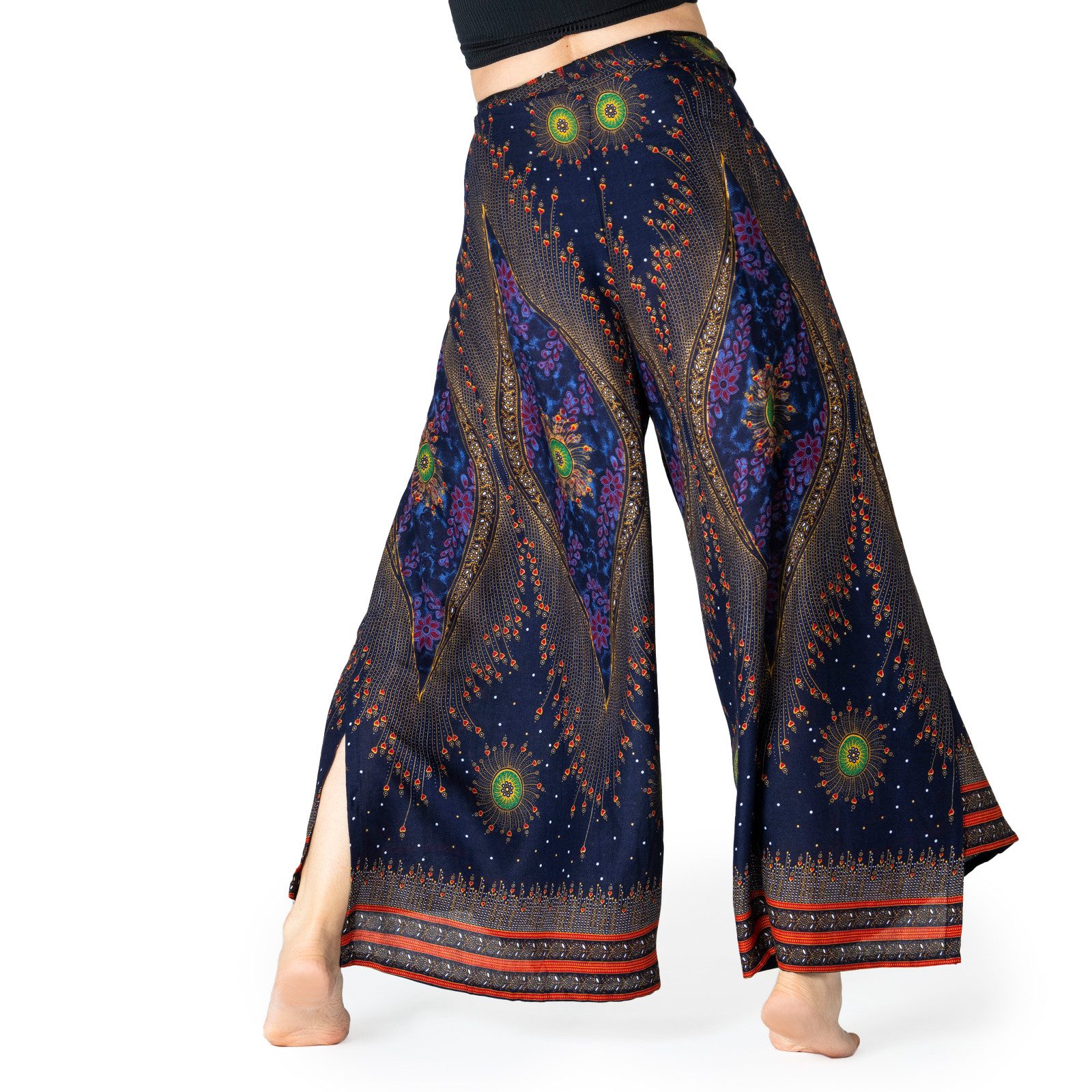 PANASIAM Palazzohose Sunshine Pants Wickelhose aus natürlicher Viskose Palazzohose im Peacock Design langer Boho Hosenrock Haremshose Pareo Hose