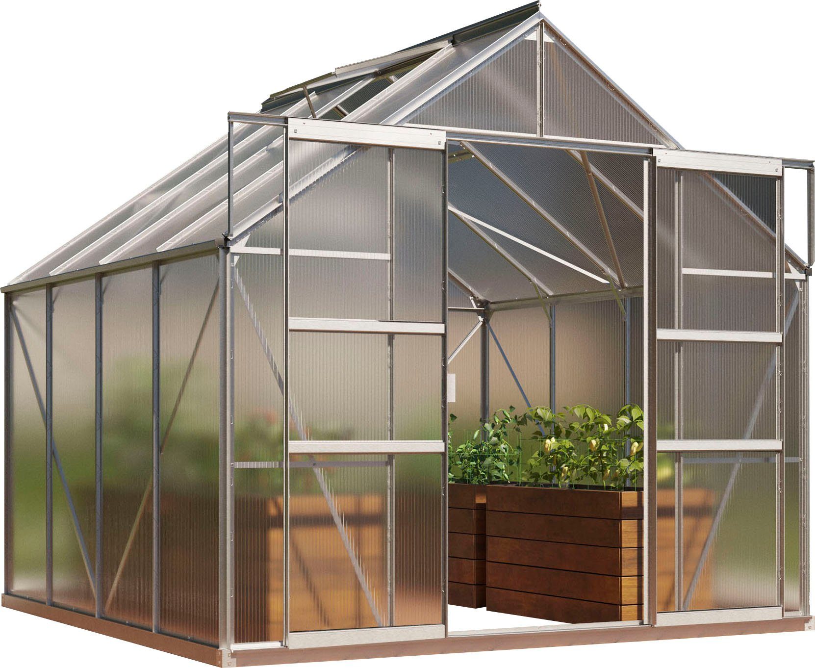 Vitavia Gewächshaus Mars 6700, BxTxH: 257 x 258 x 231,8 cm, 4 mm Wandstärke, Alu-Profile, 4 mm Hohlkammerplatten silberfarben