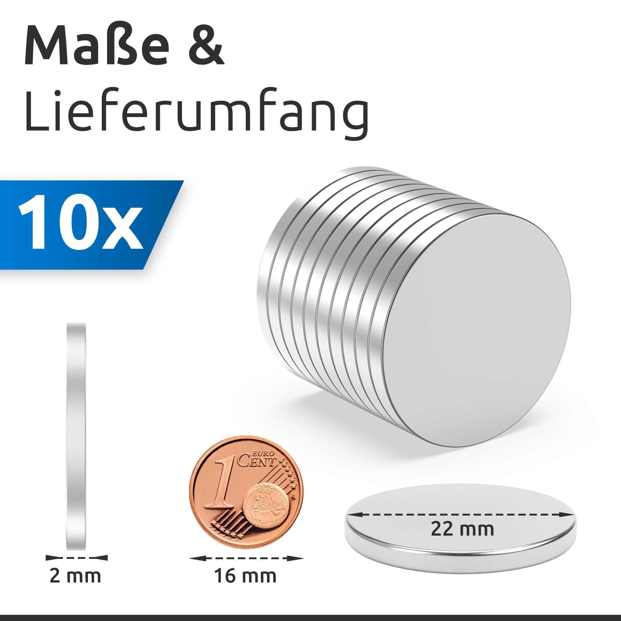 ECENCE Magnet 10x Neodym Magnete rund 22x2mm - - Extrem Stark (10-St) – Bild 4 von 5
