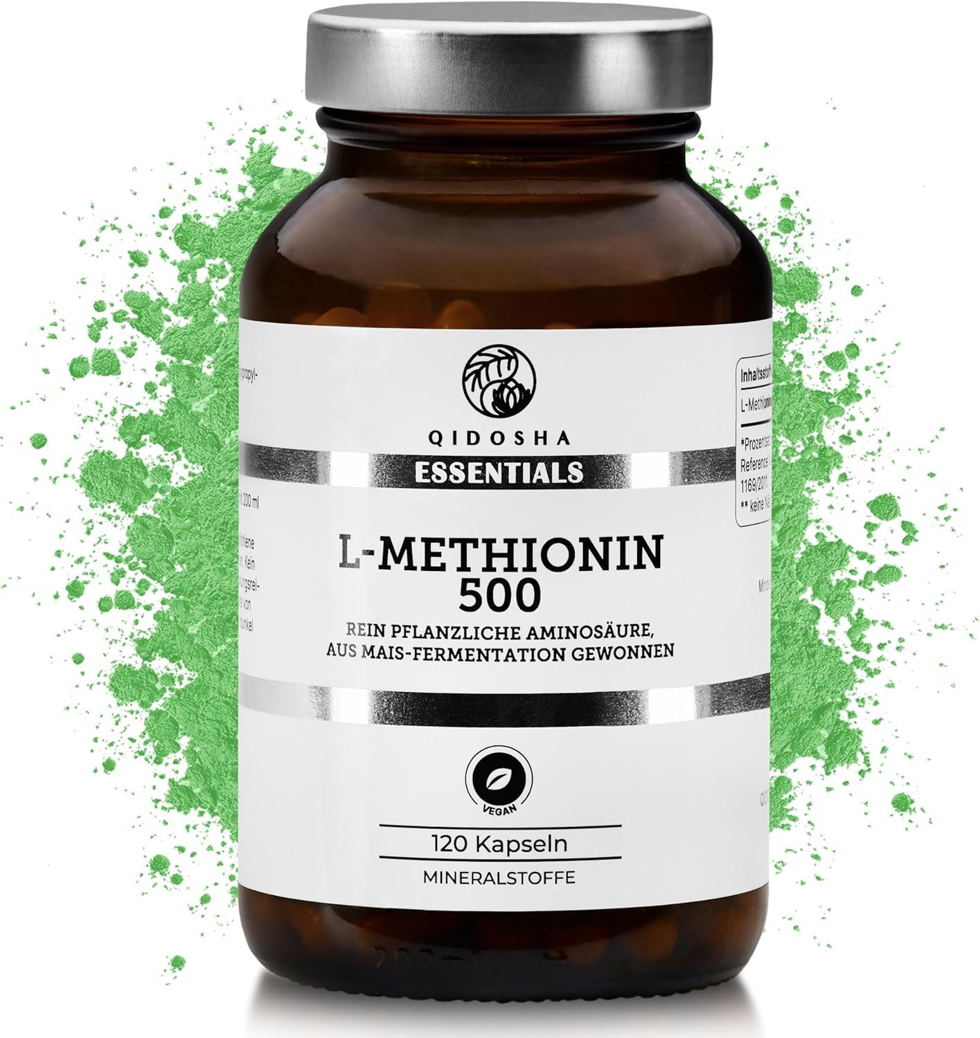 QIDOSHA L-Methionin Kapseln, hochdosiert, 120 Kapseln im Apothekerglas, Methionin 500mg je Kapsel, pflanzliche Aminosäure L-Methionin aus Mais-Fermentation, 100% vegan, in Deutschland produziert à 120 St., 74.6 g, Laboren geprüft & Made in Germany