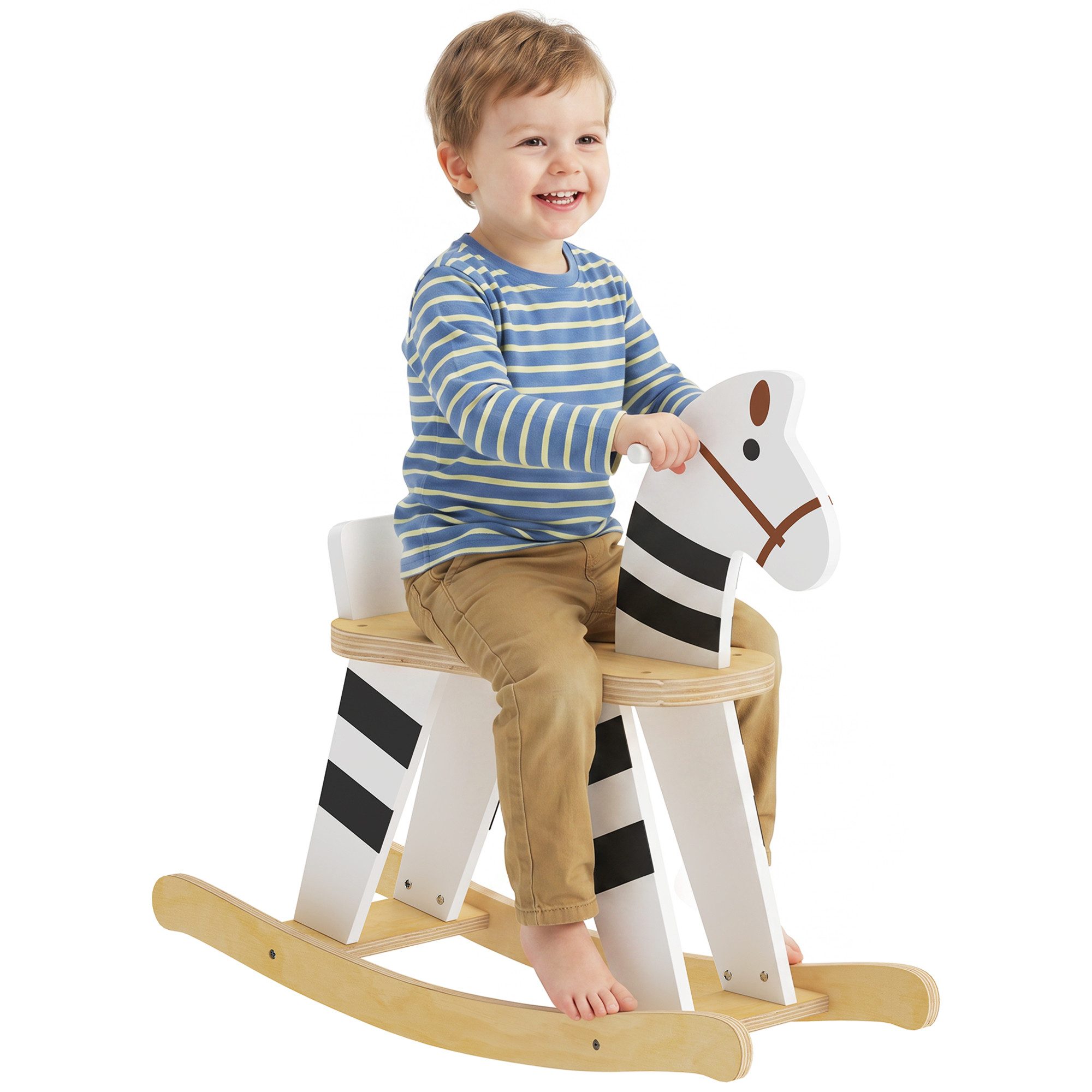 AIYAPLAY Schaukeltier Schaukelpferd mit Haltegriffen Rückenlehne im Ponyform, (1 tlg), ür Kinder von 1,5–3 Jahren Schwarz+Weiß