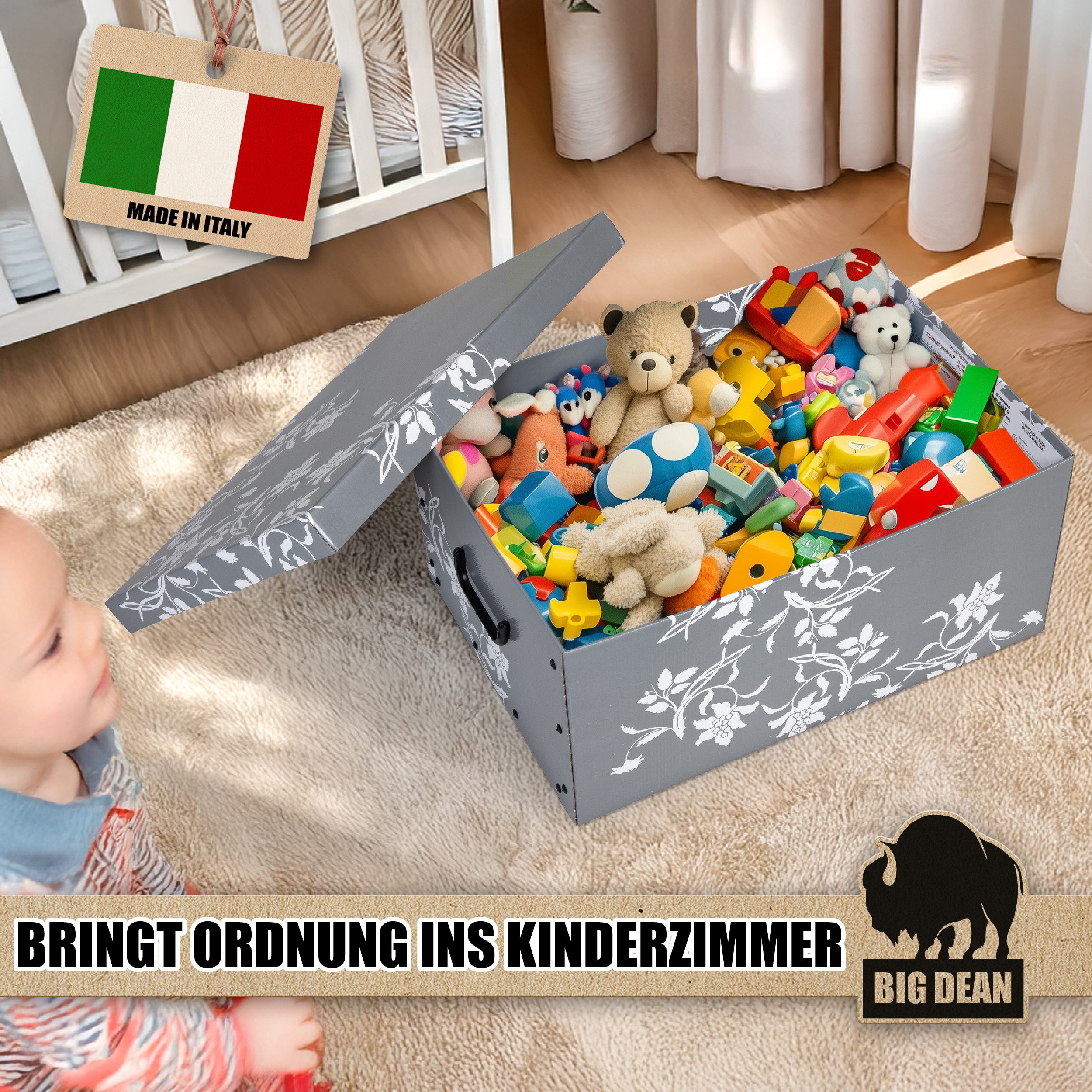 BigDean Aufbewahrungsbox 3 Große Ordnungsboxen mit Deckel aus stabiler Pappe 45 Liter (Set, 3 St., Aufbewahrungsbox), Atmosphärische Aufbewahrung, Funktion mit Charme