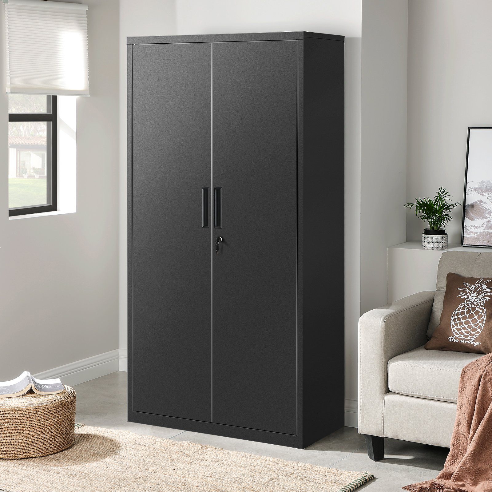 SONGMICS Aktenschrank Mehrzweckschrank, Stahl-Aufbewahrungsschrank, 5 Ebenen Doppeltüren, Schloss, Werkzeugschrank, verstellbare Ablagen