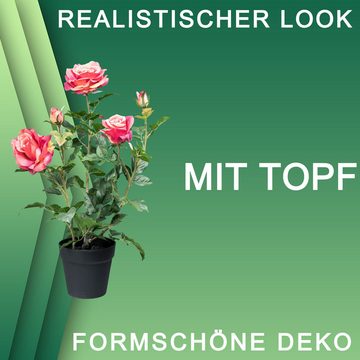Kunstpflanze Kunstpflanze Rosenbusch Rose Rosen pink mit Topf 58cm hoch Deko Busch, TronicXL, Höhe 58 cm, mit Erdeinsatz, mit Topf, stilecht