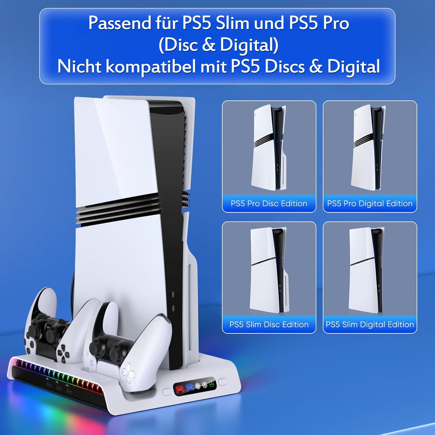 TUWENA Standfuß für PS5 Pro/PS5 Slim, LED Controller Ladestation Zubehör PlayStation 5-Controller (kompatibel mit Playstation5 Pro/Slim Digital/Disc Edition)