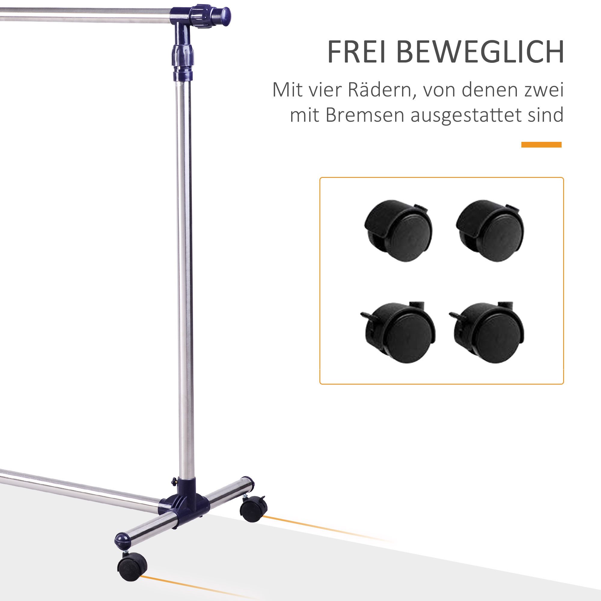 HOMCOM Kleiderständer Wäscheständer Garderobe für Eingangsbereich Edelstahl, (Set, 1 St., Kleiderständer), Garderobenständer mit Rollen Höhenverstellbare Kleide – Bild 5 von 5
