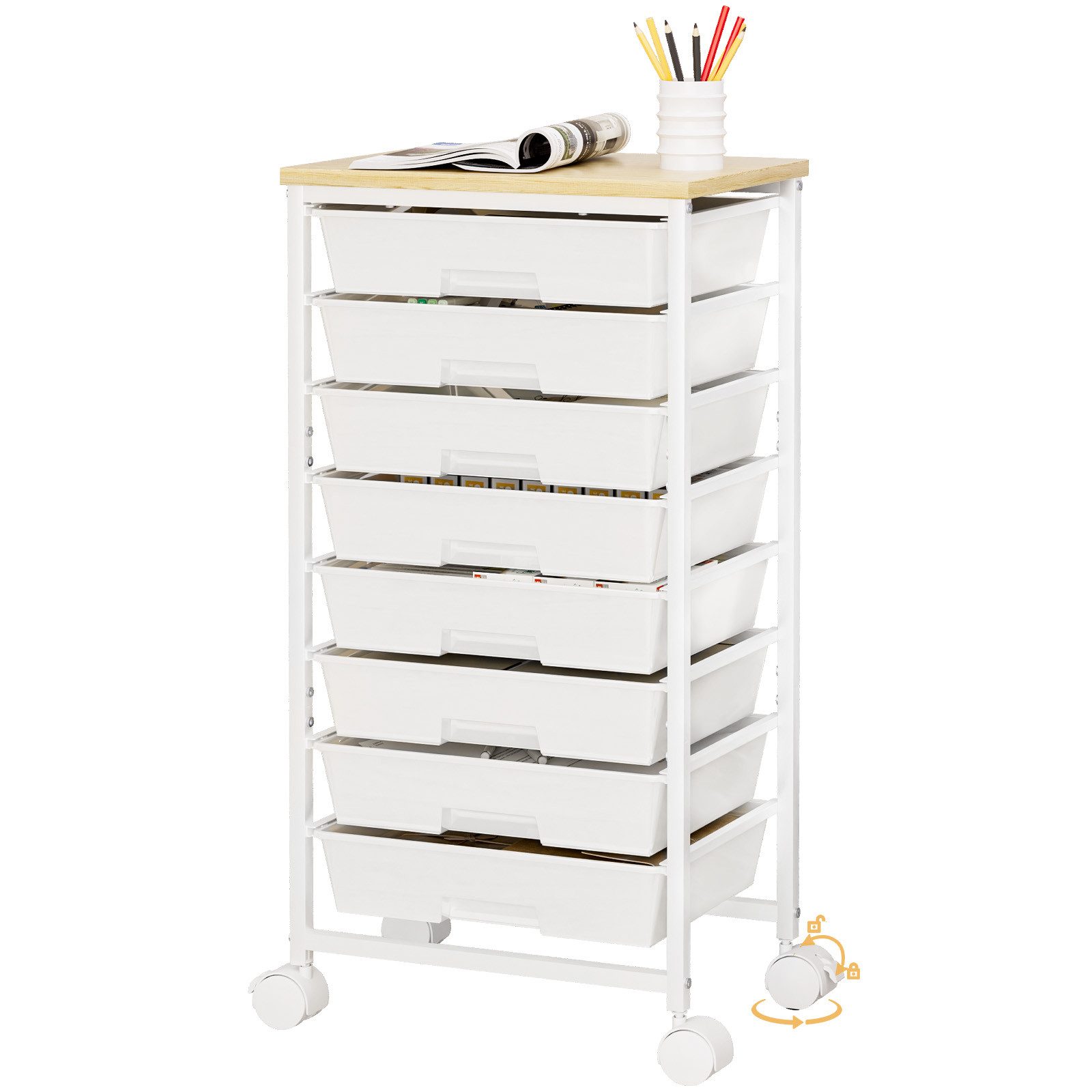 Yorbay Rollwagen mit 8 Schubladen und Holzplatte, Schubladenschrank aus Kunststoff, (Multifunktionaler Aufbewahrungsrollcontainer mit Rollen), für Wohnzimmer, Schlafzimmer, Badezimmer, Büro, Klassenzimmer, Küche