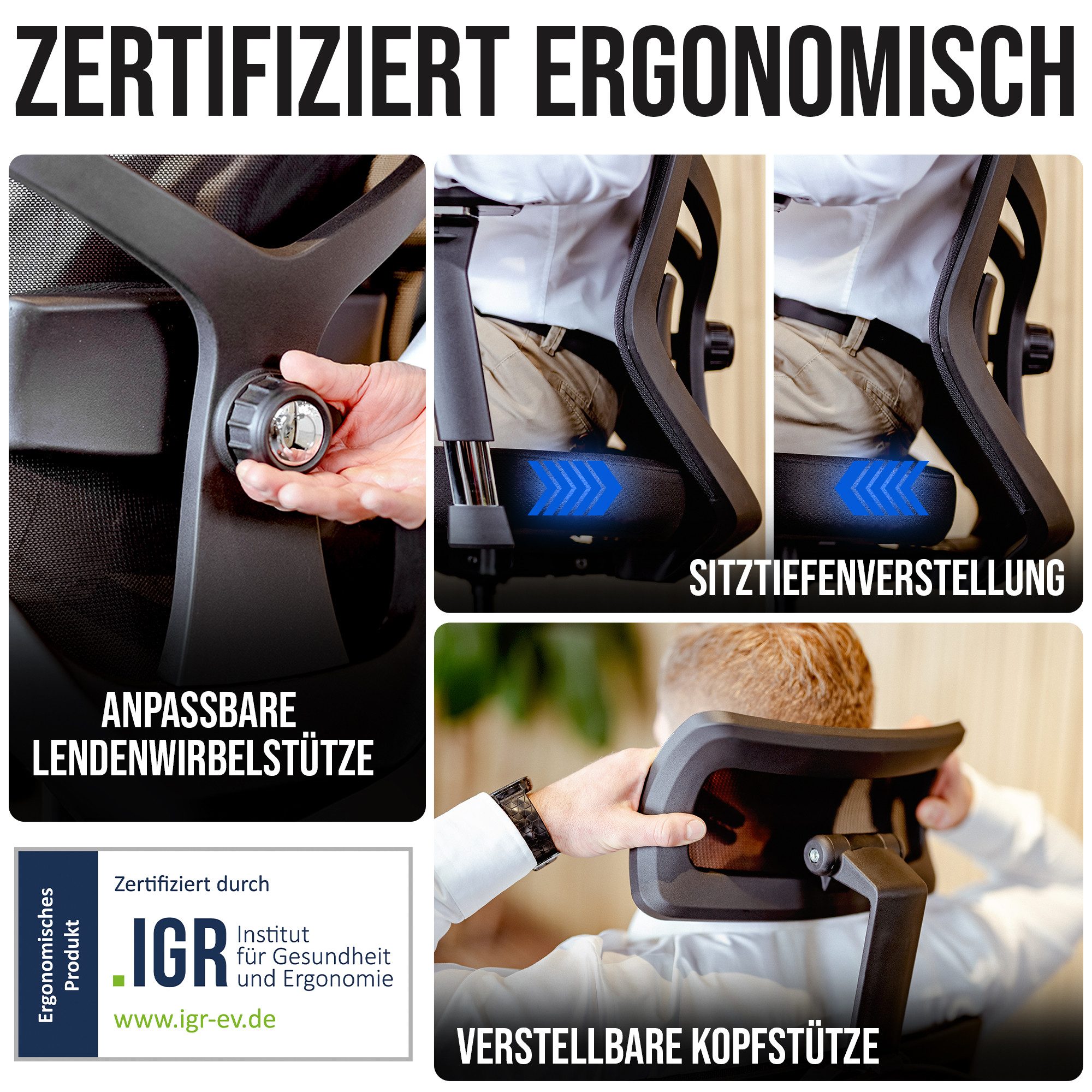 ELITESEATS Bürostuhl Ergonomisch [TESTSIEGER] Kratzerfreie Rollen Atmungsaktiv (Ergonomischer Schreibtischstuhl, Büro Stuhl 150 kg Belastbar), Gaming Stuhl, Computerstuhl, Drehstuhl, Chefsessel, Home Office