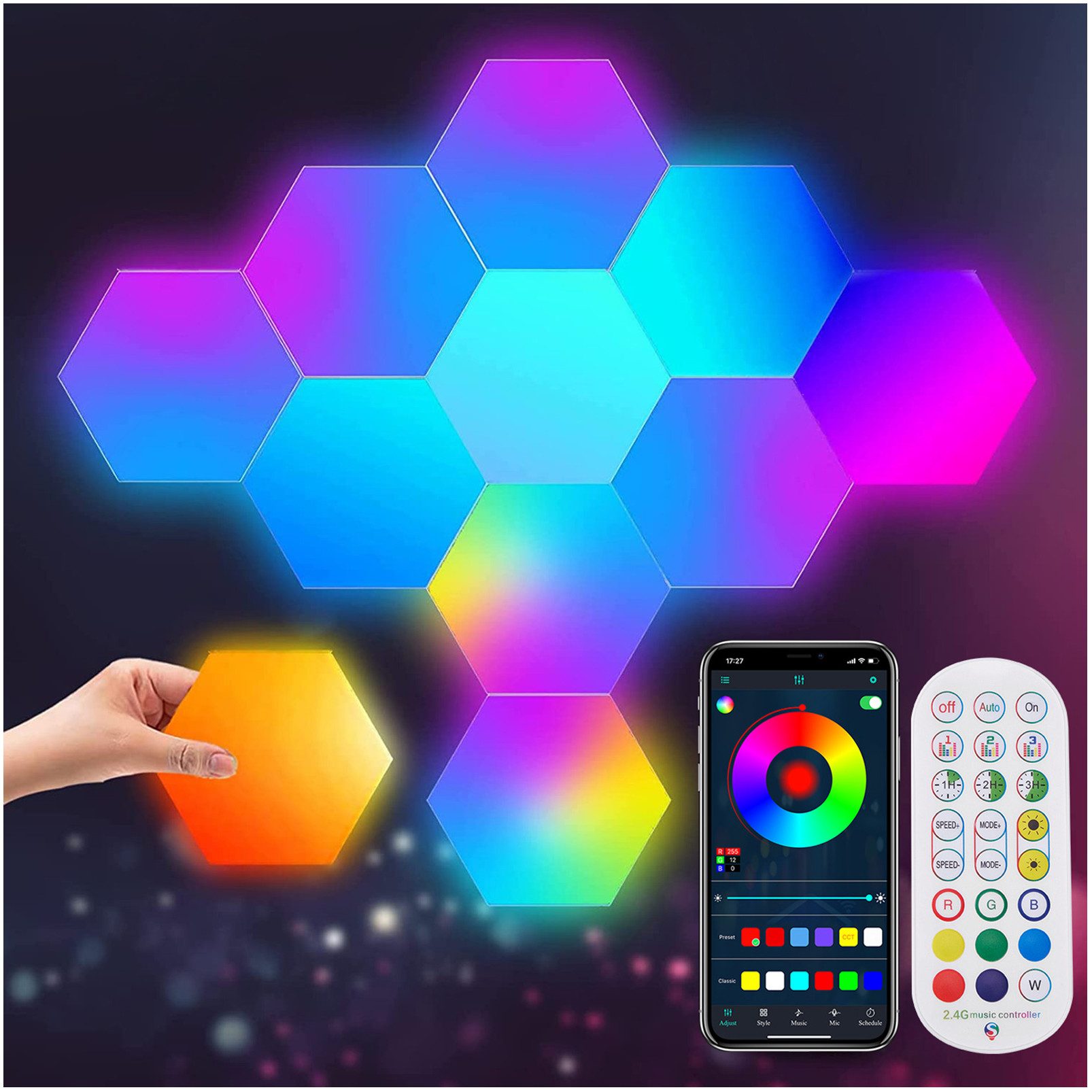 LED Dekolicht LED Hexagon Wandleuchte, RGB Farbwechsel, Fernbedienung, Musiksyn