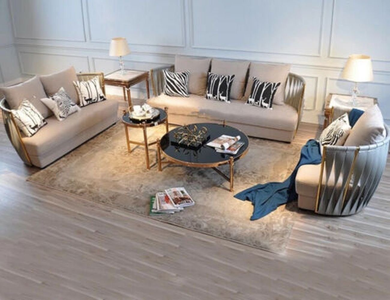 JVmoebel Wohnzimmer-Set, Metall Couch Polster Sitz Garnitur Sofa 3+1 Stoff Design Garnituren Weiß/Silber