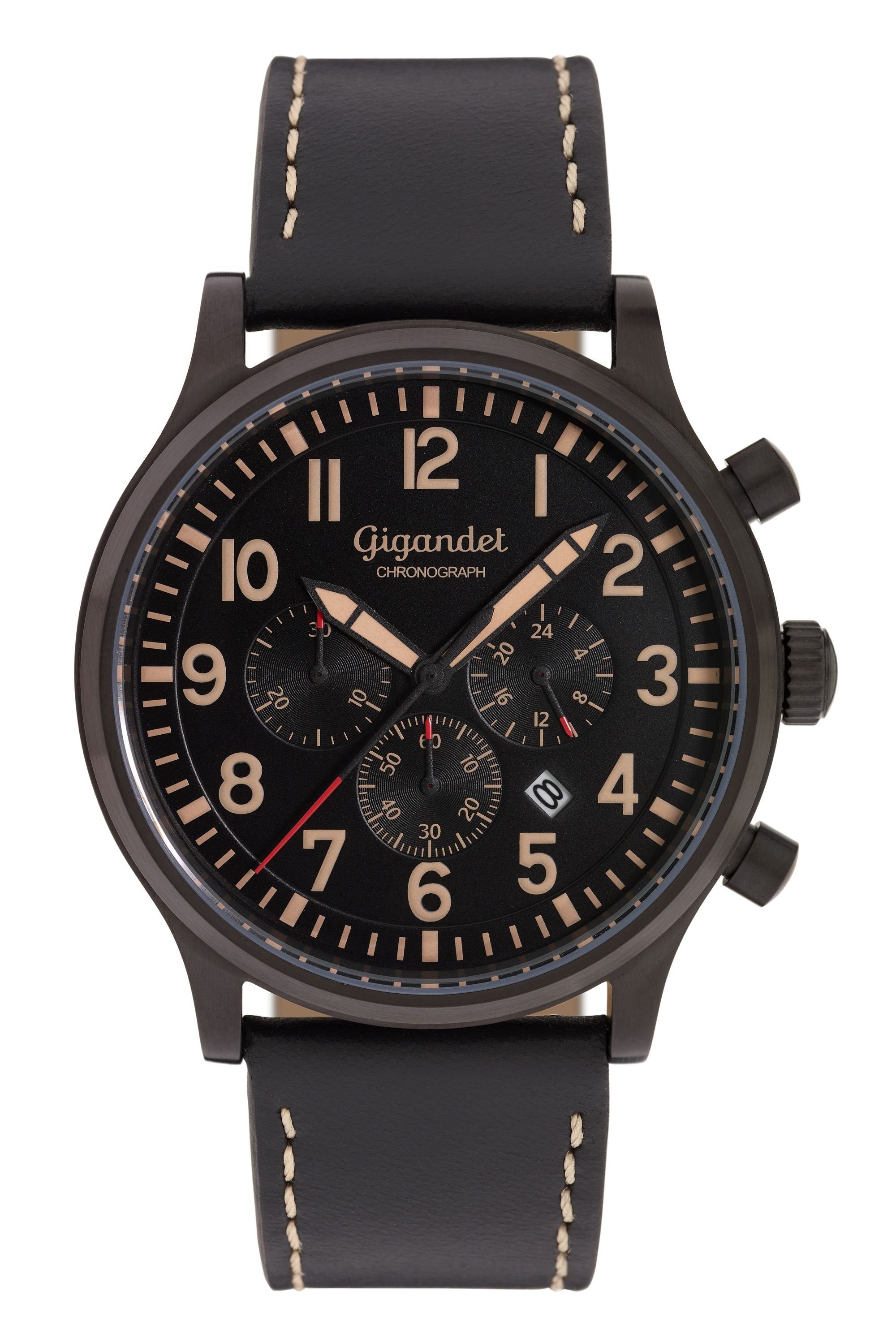 Gigandet Chronograph Armbanduhr, Herrenuhr, Fliegeruhr, 46mm, DESTINATION G15-004, Mineralglas, Datumsanzeige, Lederband, 10bar/100m wasserdicht