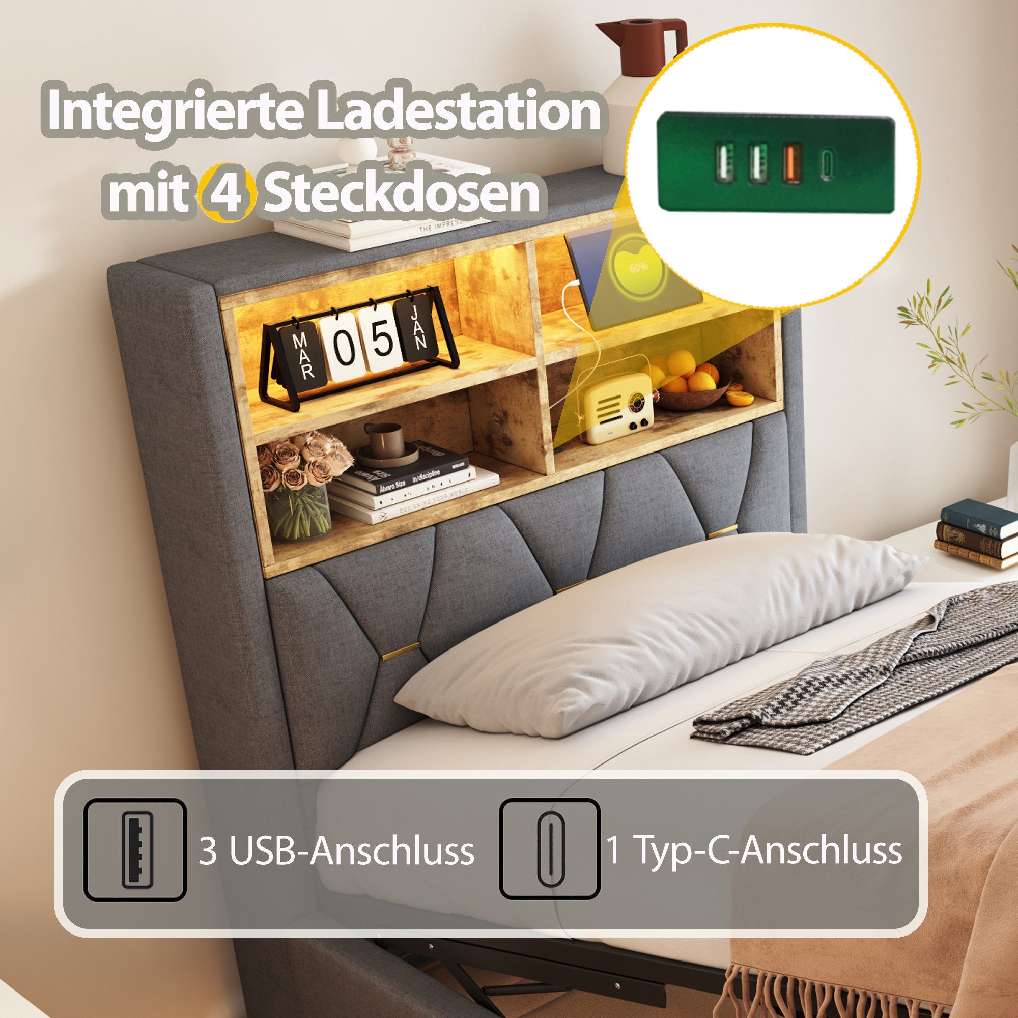 Merax Polsterbett (Kinderbett Jugendbett Einzelbett mit Metall-Lattenrost, 1-tlg), Hydraulisches Stauraumbett 90x200cm mit LED, USB und Ablagefächern – Bild 5 von 5