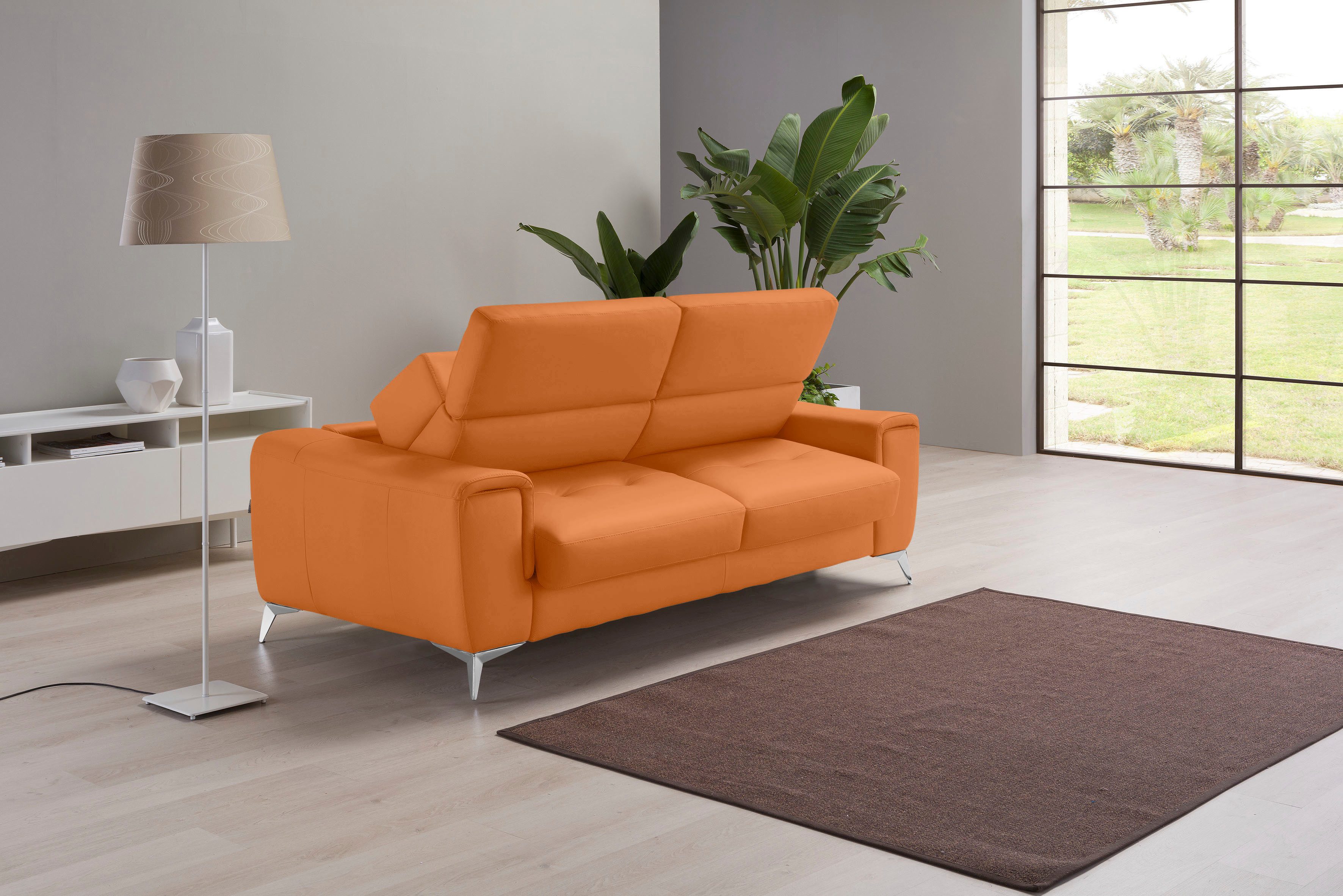 Egoitaliano Schlafsofa Francine Designsofa, Loungesofa mit Dauerschlaffunktion, Breite 233 cm, mit Bettfunktion, Leder BULL, orange, Fußfarbe chrom