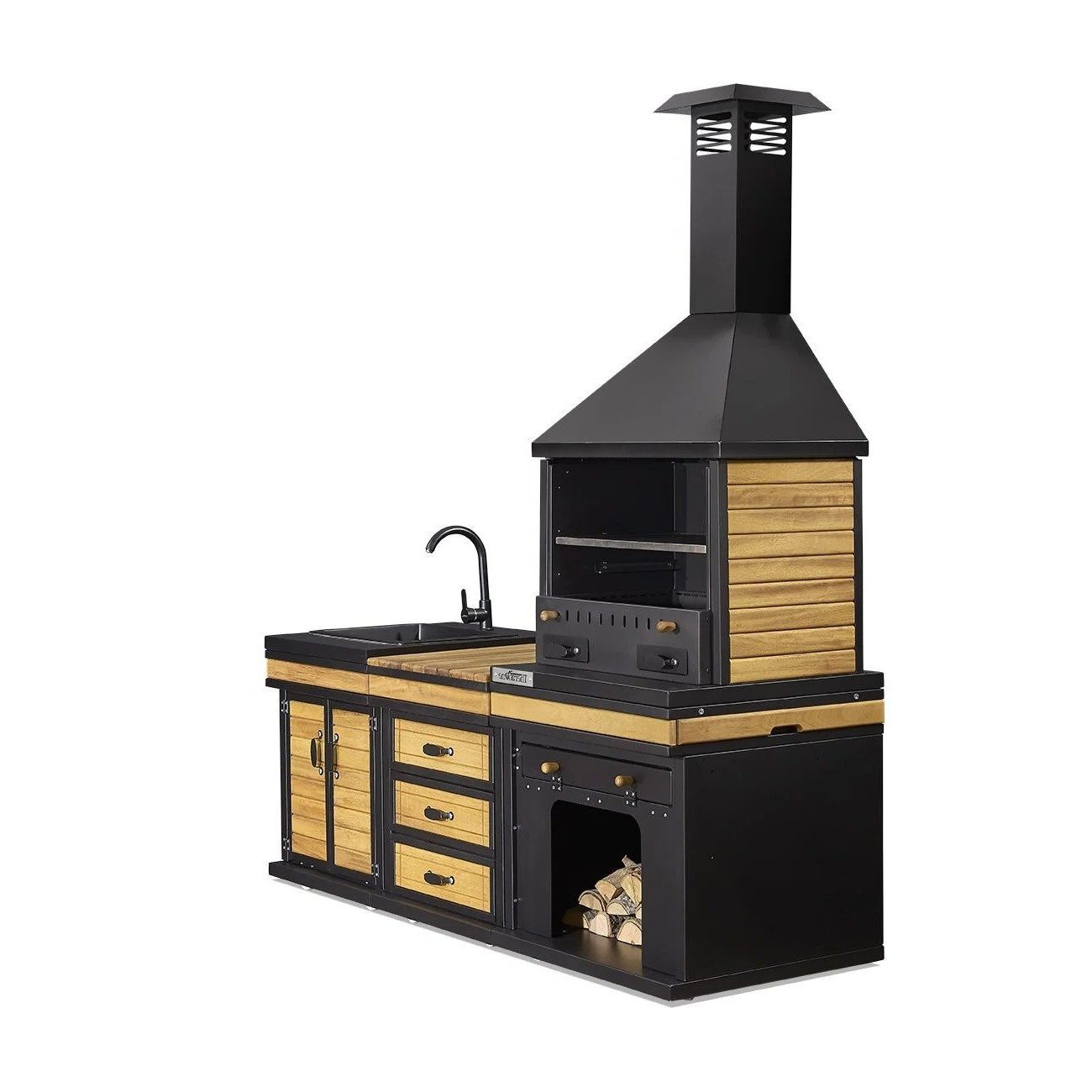 Xlmoebel Outdoor-Küche XLMOEBEL Außenküche Schwarz Holz Edelstahl, funktional und elegant, Made in Europa