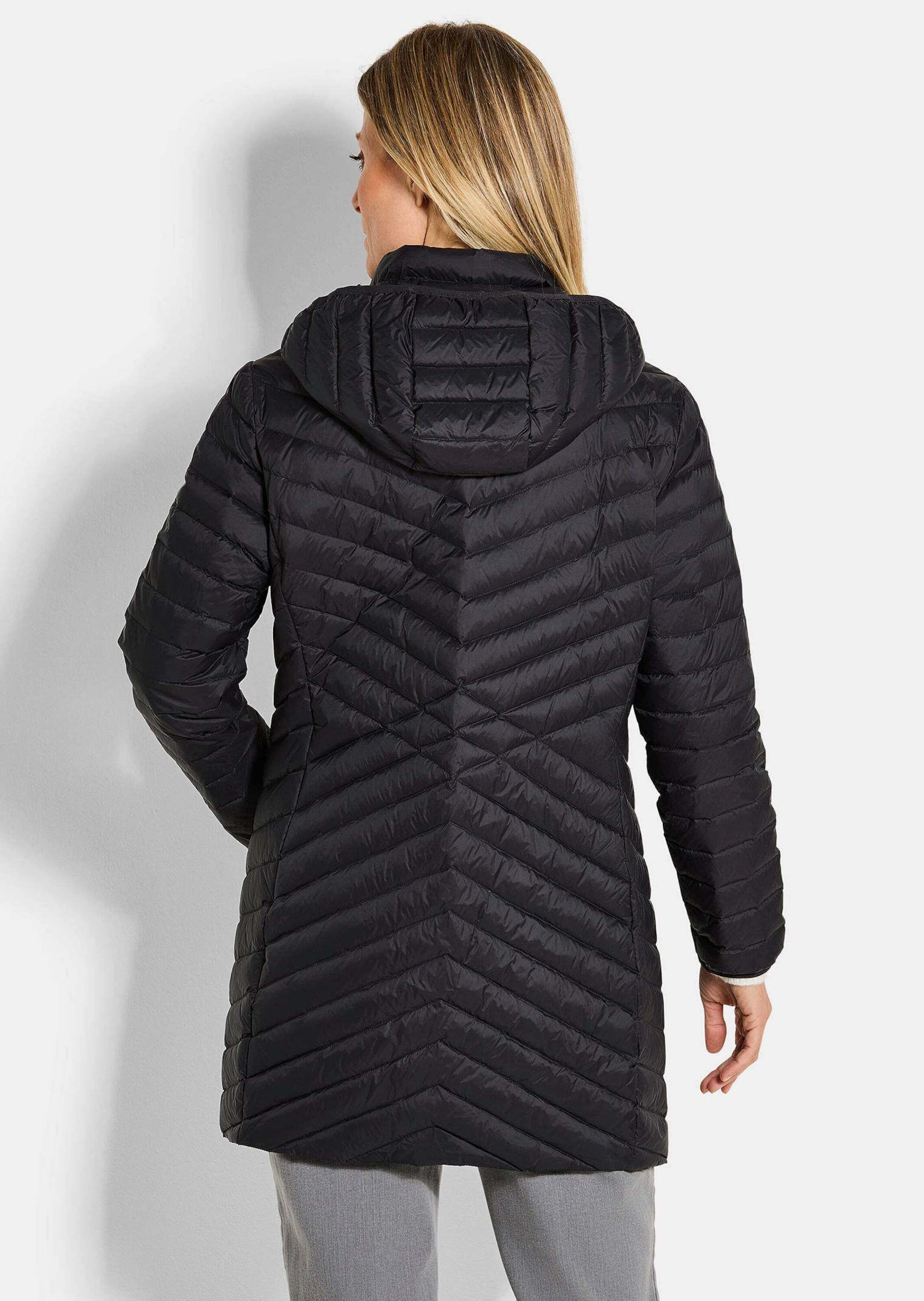 GOLDNER Winterjacke Kurzgröße: Gefütterter langer Mantel mit Kapuze Wintermantel in femininer Steppung mit Stehkragen und Taschen