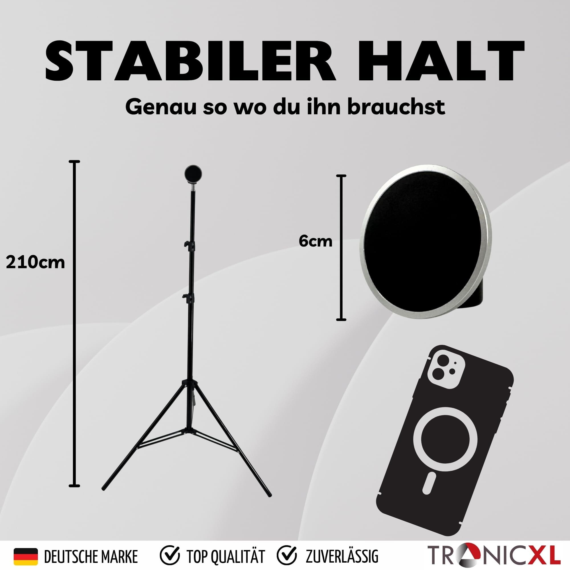 TronicXL Handy Stativ 210cm groß mit Magnet für Apple Magsafe iPhone Samsung Dreibeinstativ (Smartphone Tripod Kamerastativ hoch)