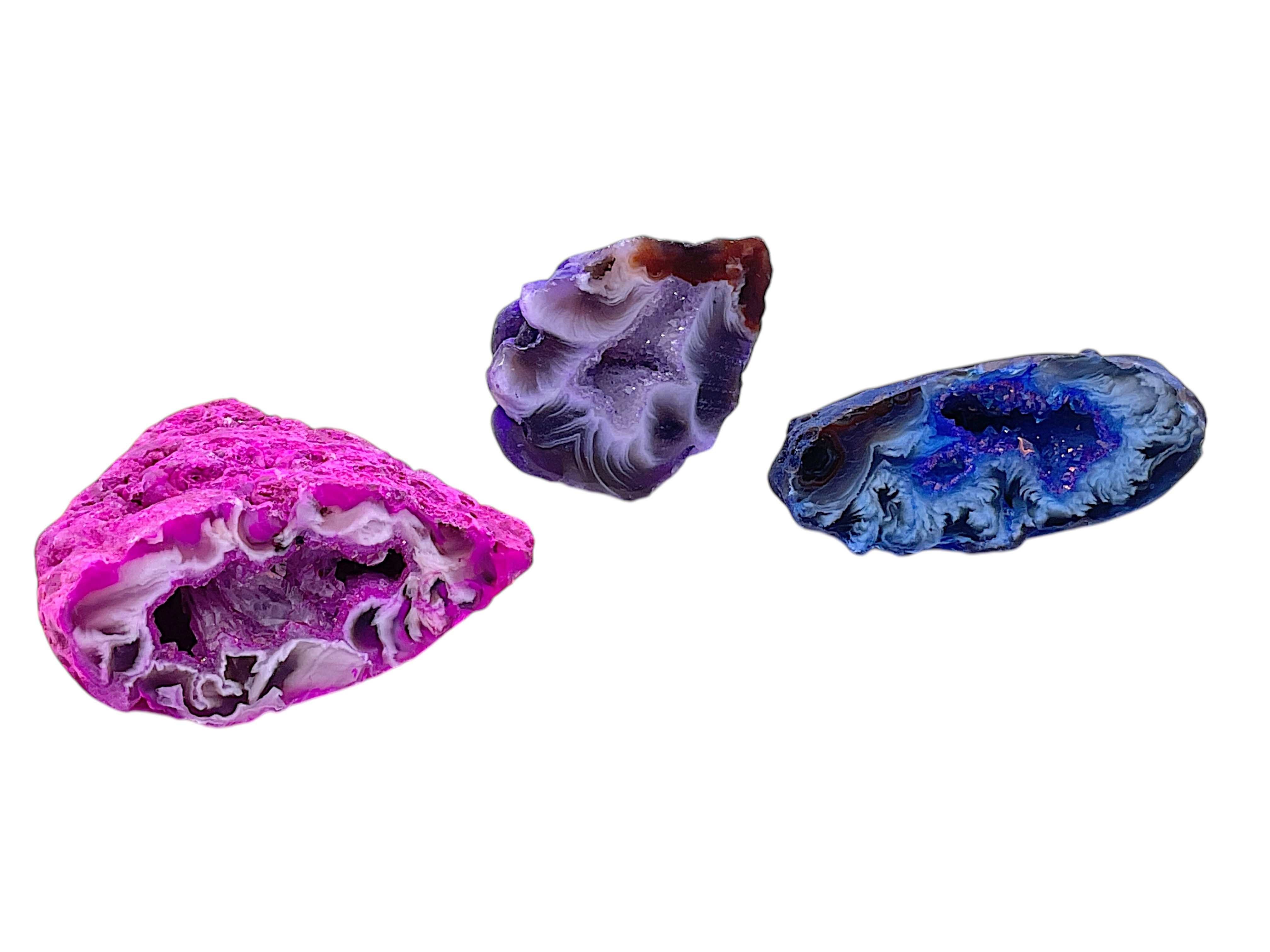 Steinfixx® Edelstein Set mit 3 gefärbten halben Achat-Geoden, poliert, ca. 30–40 mm, (3 teiliges Set, 1-St., Geschenkset 3 Farben, blau, rot und lila), Faszinierendes Farbspiel – ideal zur Dekorationen