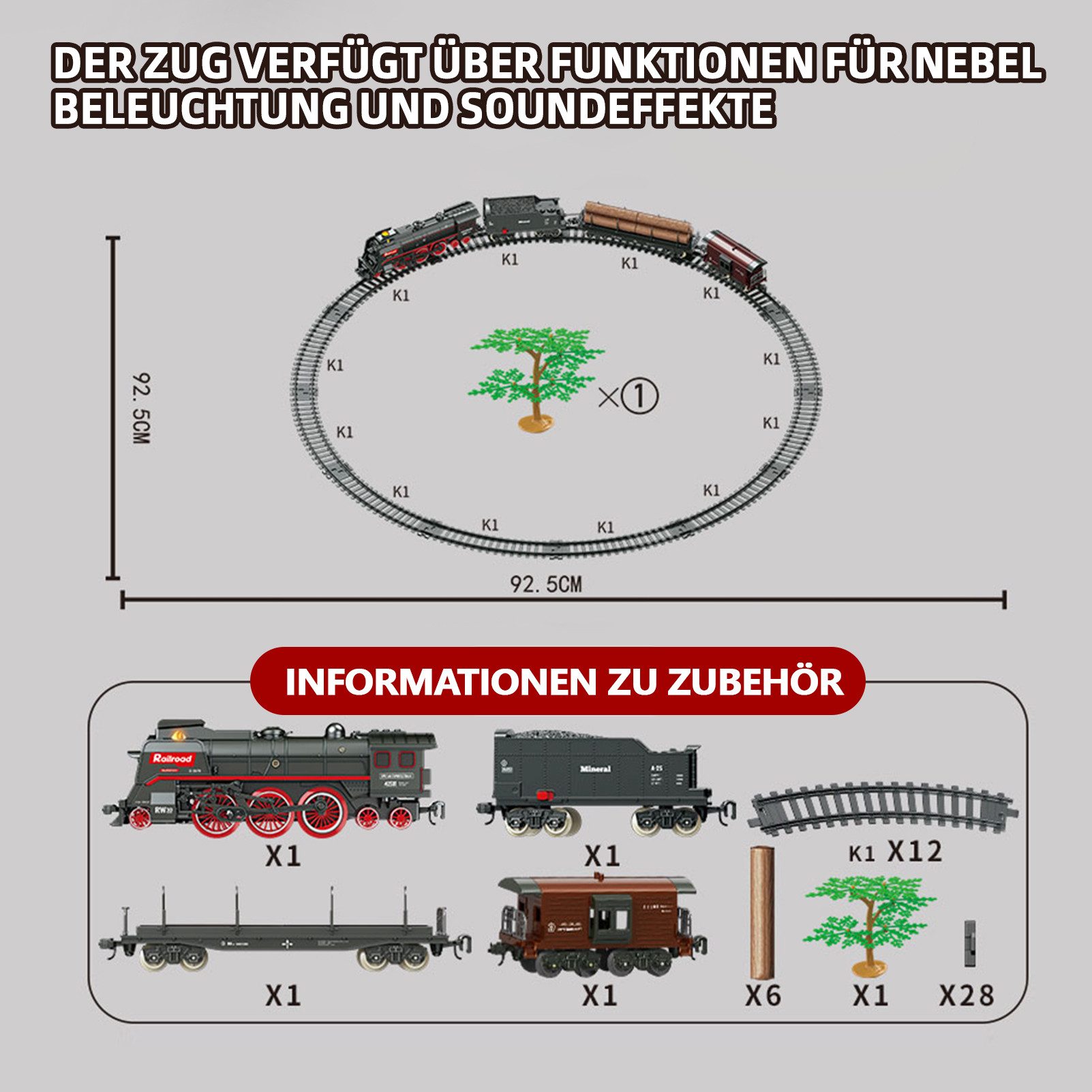 Esun Spielzeug-Zug Elektrische Zug Spielzeug, Eisenbahn Elektrisch mit Fernbedienung, (Set, Komplettset), Geschenk für Frauen Männer Kinder Erwachsene