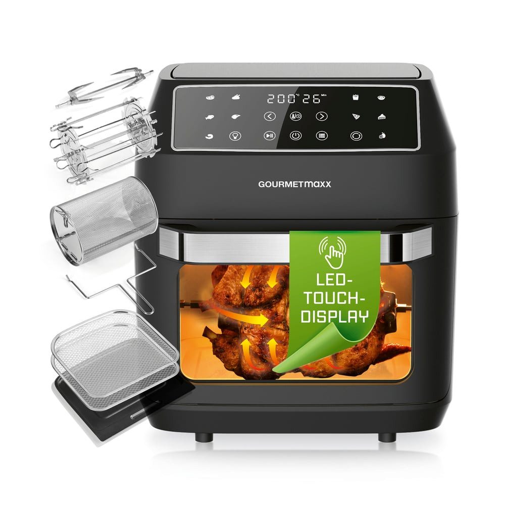 GOURMETmaxx Heißluftfritteuse 12 L Airfryer, Fritteuse mit 9 Funktionen, Touchdisplay, 1700 W, 10 Programme, Touchdisplay und Timer-Funktion, Inkl. Zubehörpaket