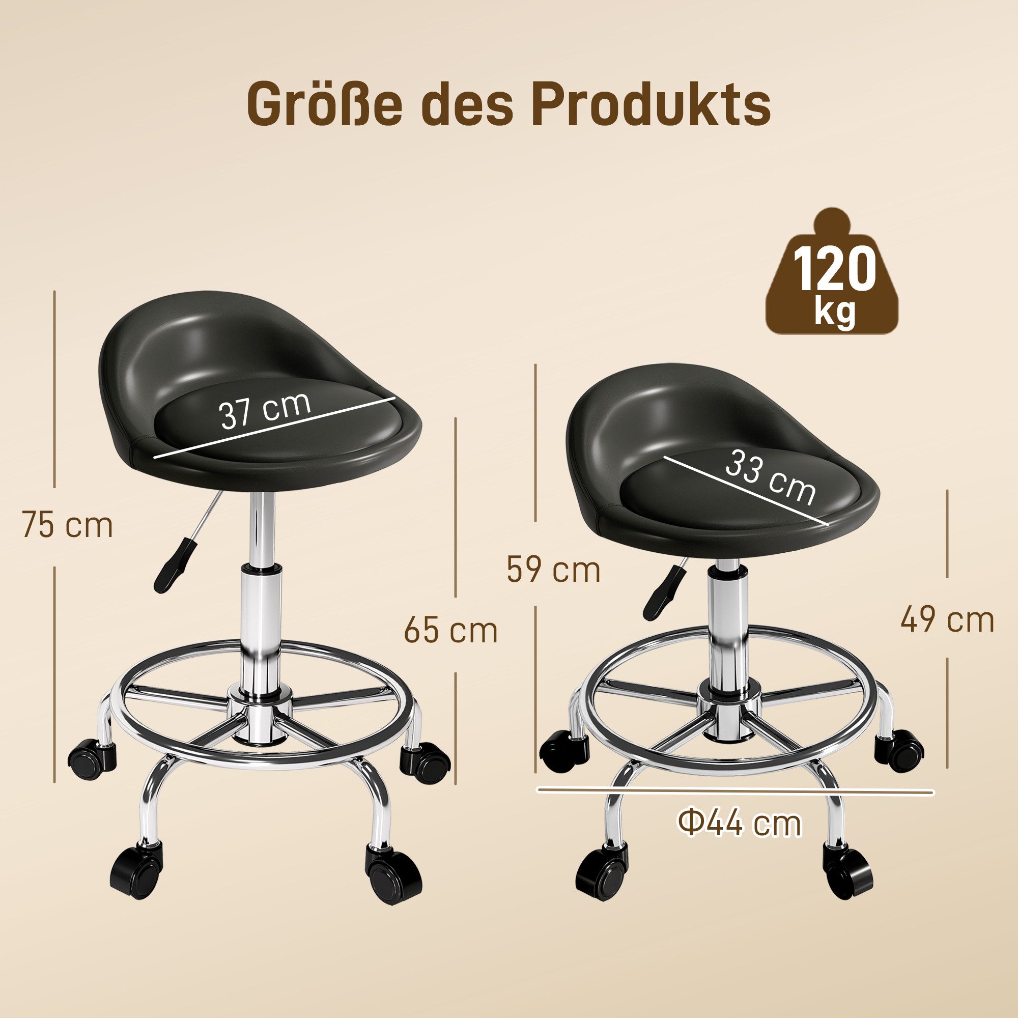 HOMCOM Drehhocker Hocker mit Rückenlehne 59-75 cm Bürohocker mit Fußstütze (höhenverstellbar Rollhocker, 1 St., 360° drehbar Arbeitshocker), für Büro, Salon, Ma – Bild 3 von 5