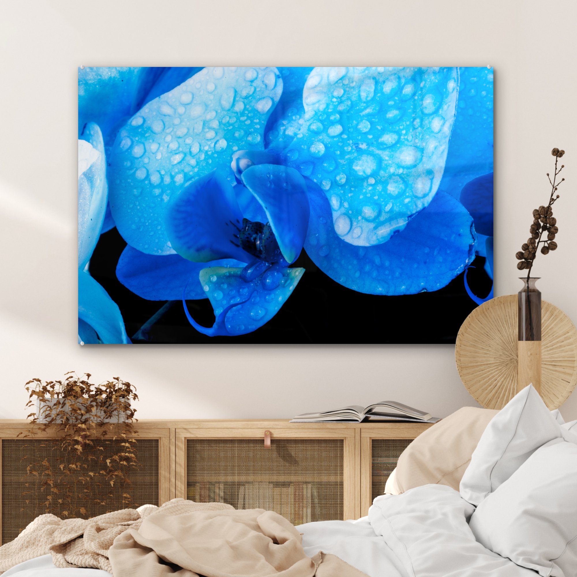 Acrylglasbilder Wohnzimmer & St), Wassertropfen, Orchidee (1 Schlafzimmer blauen Acrylglasbild mit einer Nahaufnahme MuchoWow