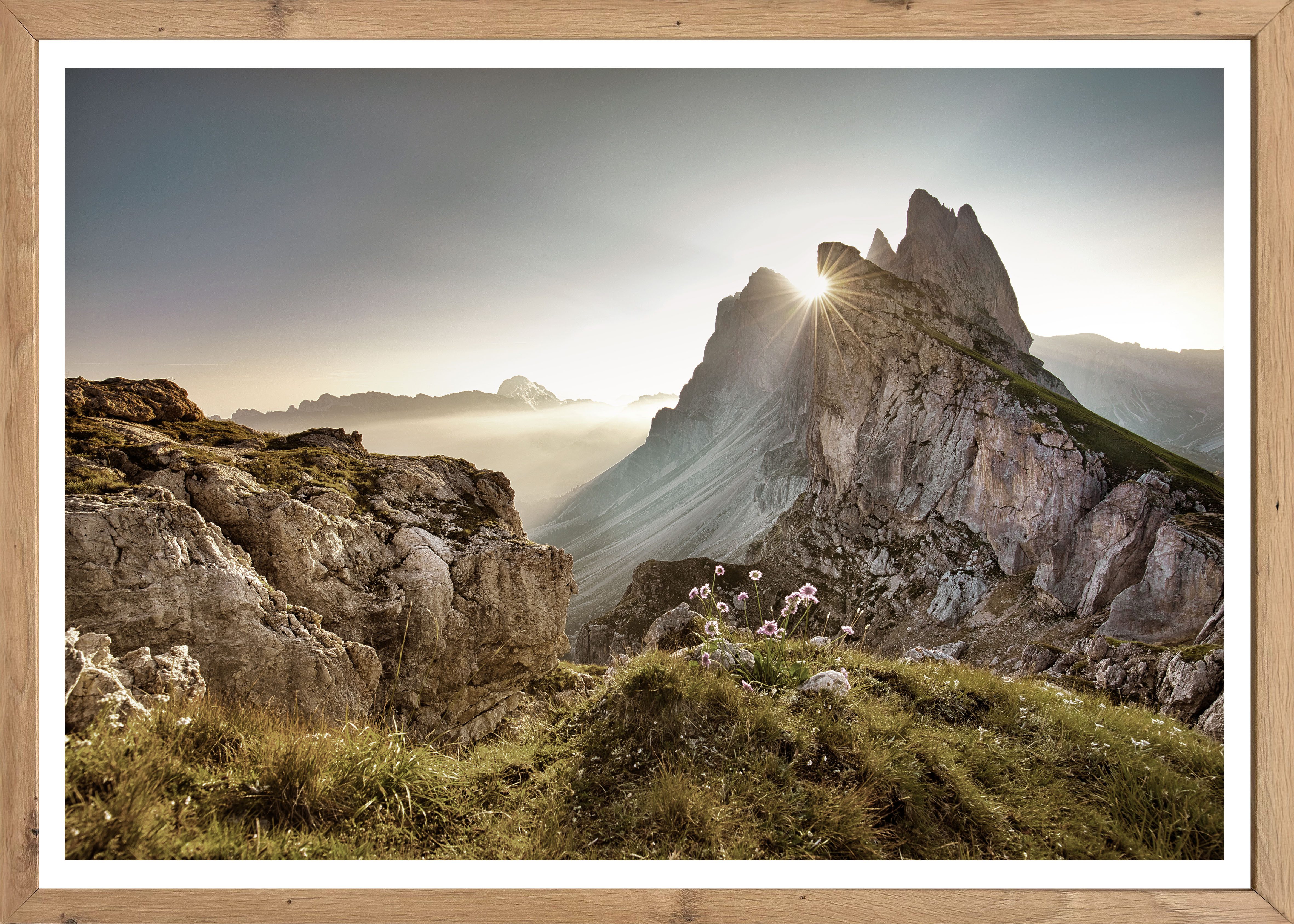Bönninghoff Bild mit Rahmen, Berge, Blumen, Felsen, Natur, Sonnenaufgang (1 St)