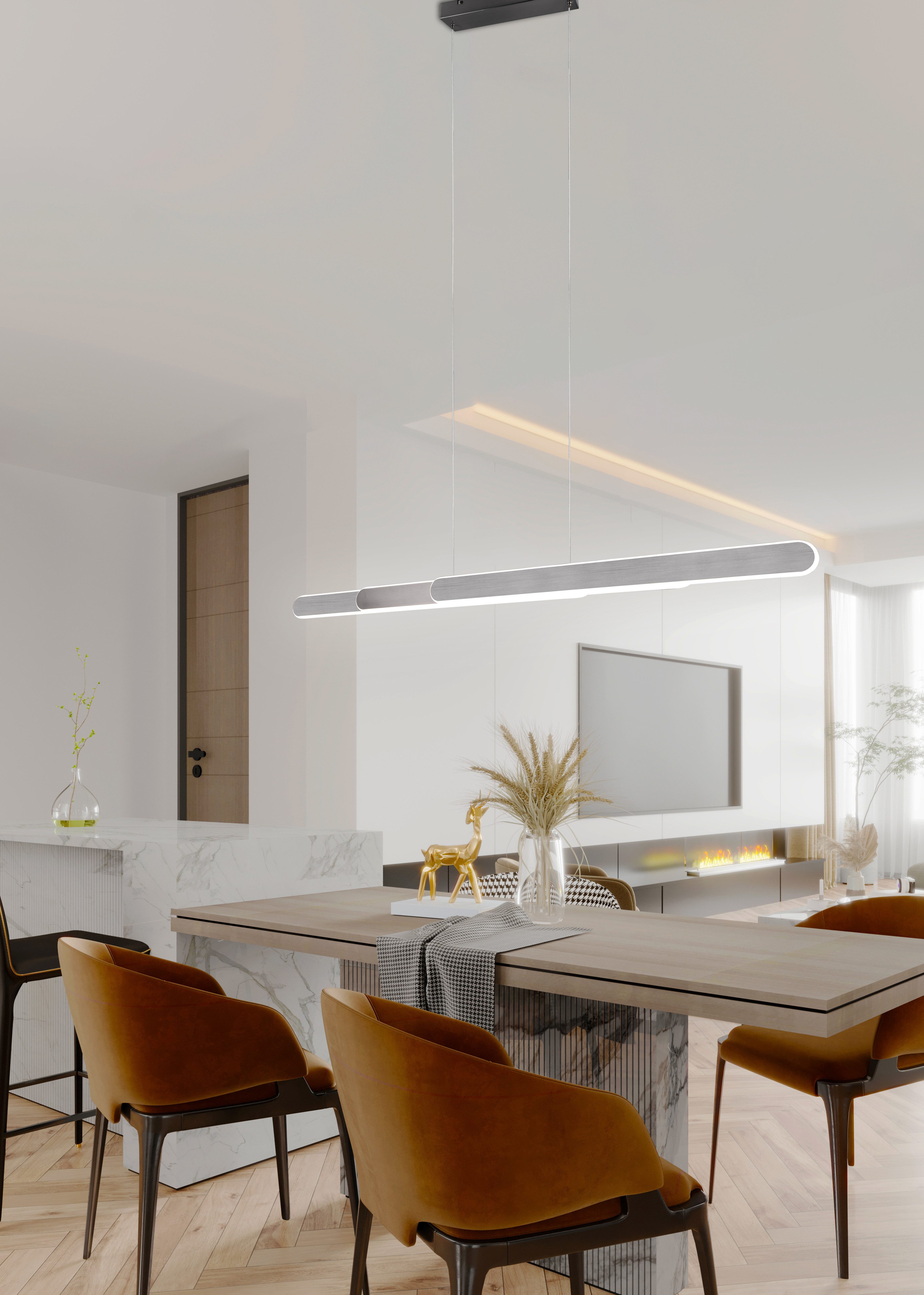 TRIO Leuchten LED Pendelleuchte HELIOS, ausziehbare Hängelampe mit 3 LED Elementen 5800 Lumen CCT, Dimmfunktion, mehrere Helligkeitsstufen, LED fest integriert, Farbwechsler, warmweiß - kaltweiß, 2700-6500K, Touch Dimmer 4 Stufen, höhenverstellbar up and down Licht
