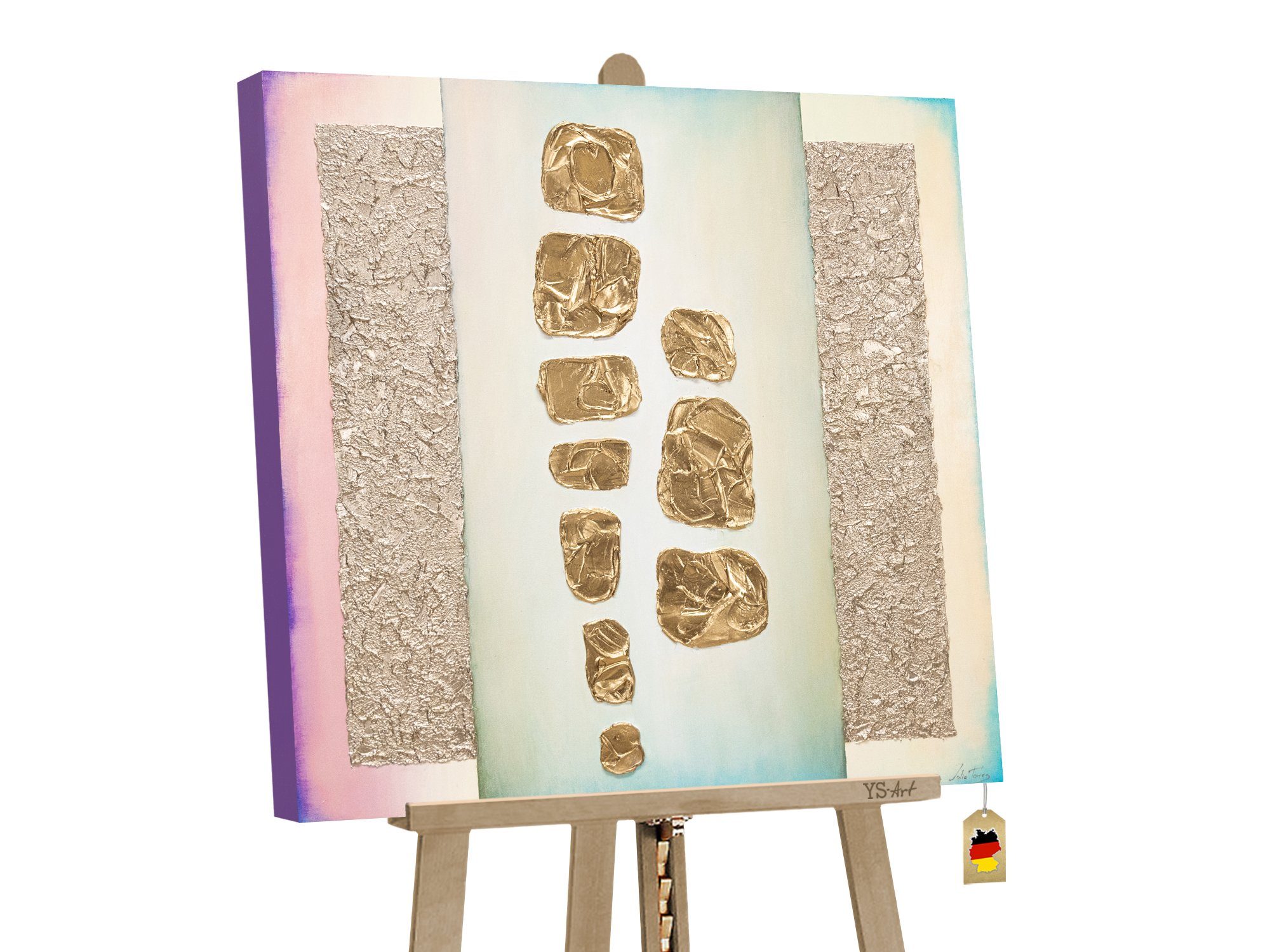 YS-Art Gemälde Goldfunkel, Abstrakte Bilder, Abstraktes auf Leinwand Bild Handgemalt Bunt Gold Lila Grün | Gemälde
