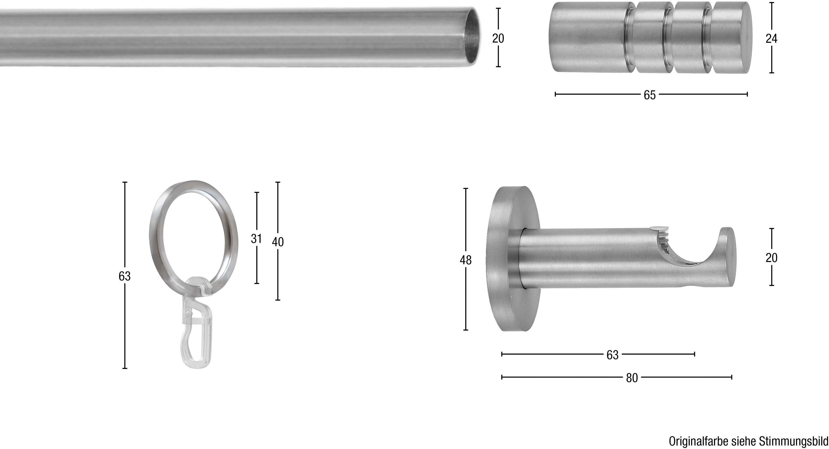 Gardinenstange EASY, GARESA, Ø 20 mm, 1-läufig, Wunschmaßlänge,  Vorhanggarnitur, verlängerbar, Endknopf m. Rillen, Alu, m. Ringe