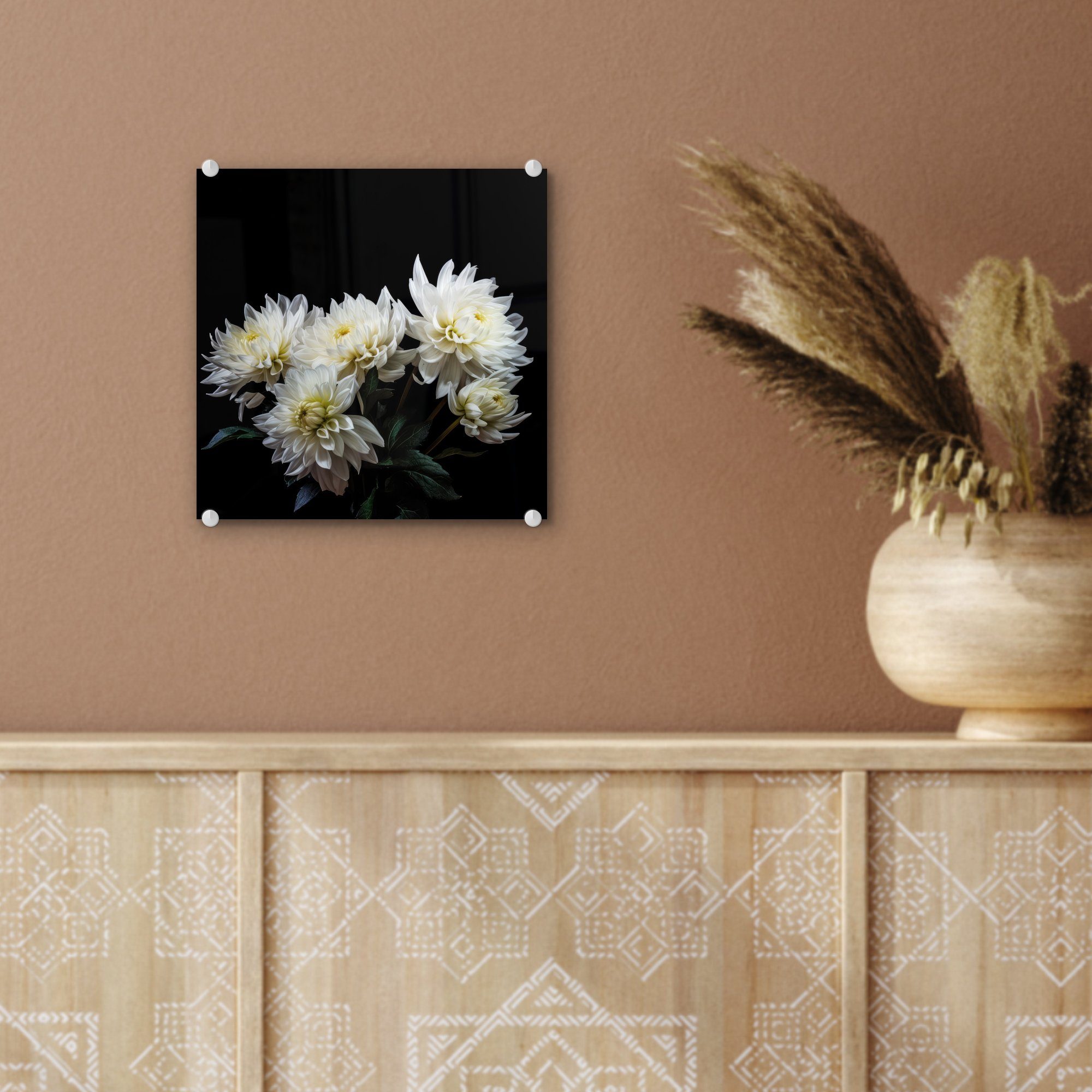 - - Glas - Blumen Wandbild - Bilder Glasbilder - Foto (1 Weiß Wanddekoration - auf Natur Glas Acrylglasbild auf St), Botanisch, - MuchoWow Chrysantheme