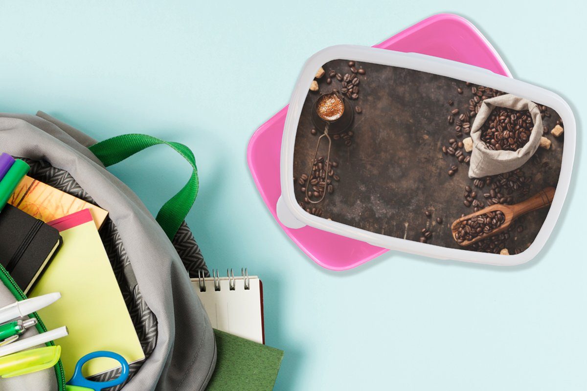 Kunststoff - Kaffeebohnen Lunchbox - rosa Beutel, Kunststoff, Snackbox, Mädchen, MuchoWow für (2-tlg), Kaffee Brotbox Brotdose Kinder, Erwachsene,