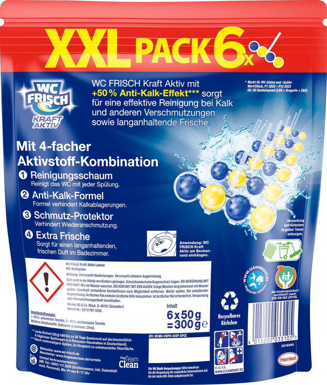 WC Frisch Kraft Aktiv Duftspüler Lemon WC-Reiniger (XXL Spar-Pack, [6-St. 4-fach Aktivstoff-Kombination (6x50g)