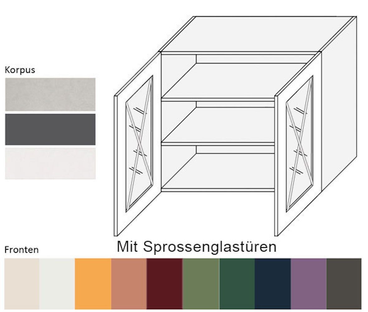 Feldmann-Wohnen Unterschrank Tivoli matt Glasfront wählbar 2-trg & 6011 RAL resedagrün (Tivoli) Korpusfarbe &Sprossen 90cm (glasklar) Front
