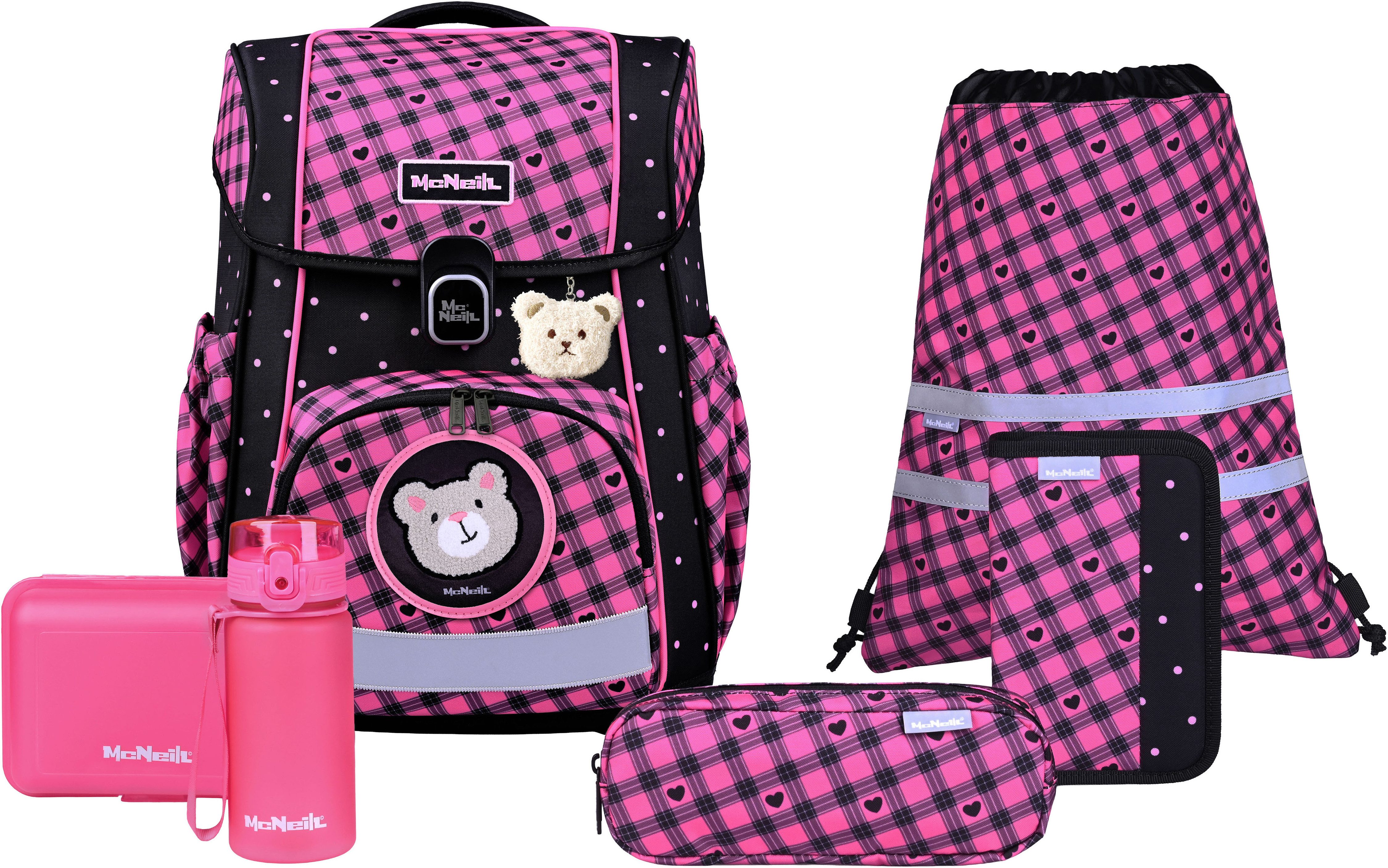 McNeill Ранцы Bravo, inkl. Etui, Turnbeutel, (Set, 9-tlg., Schlamperrolle, Trinkflasche, Lunchbox, 2 Magnete & 1 Anhänger)