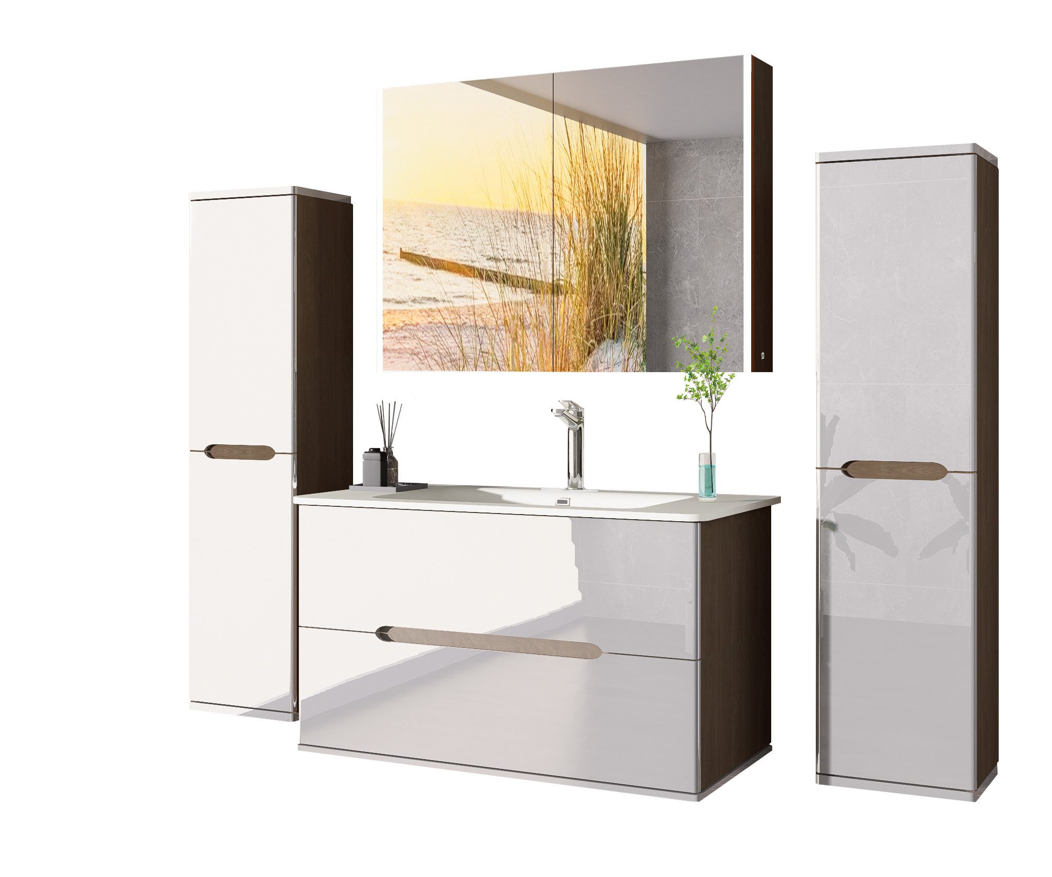 Homeline Badmöbel-Set Bad Möbelset Badezimmer Möbel Hochglanz 90 cm Eiche / günstig online kaufen