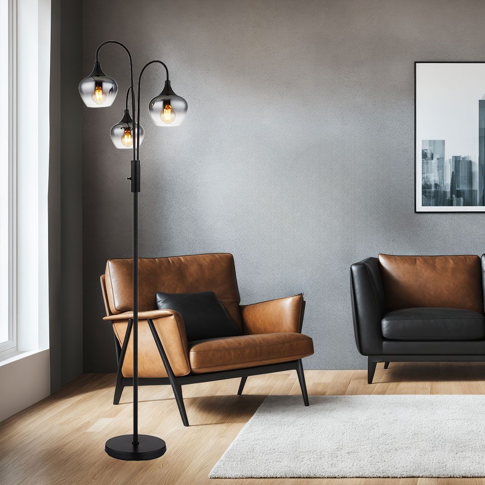 GLOBO LIGHTING LED Stehlampe, Leuchtmittel inklusive, Warmweiß, LED Stehlampe 3 flammig Glaskugel schwarz Standleuchte Höhe 165 cm