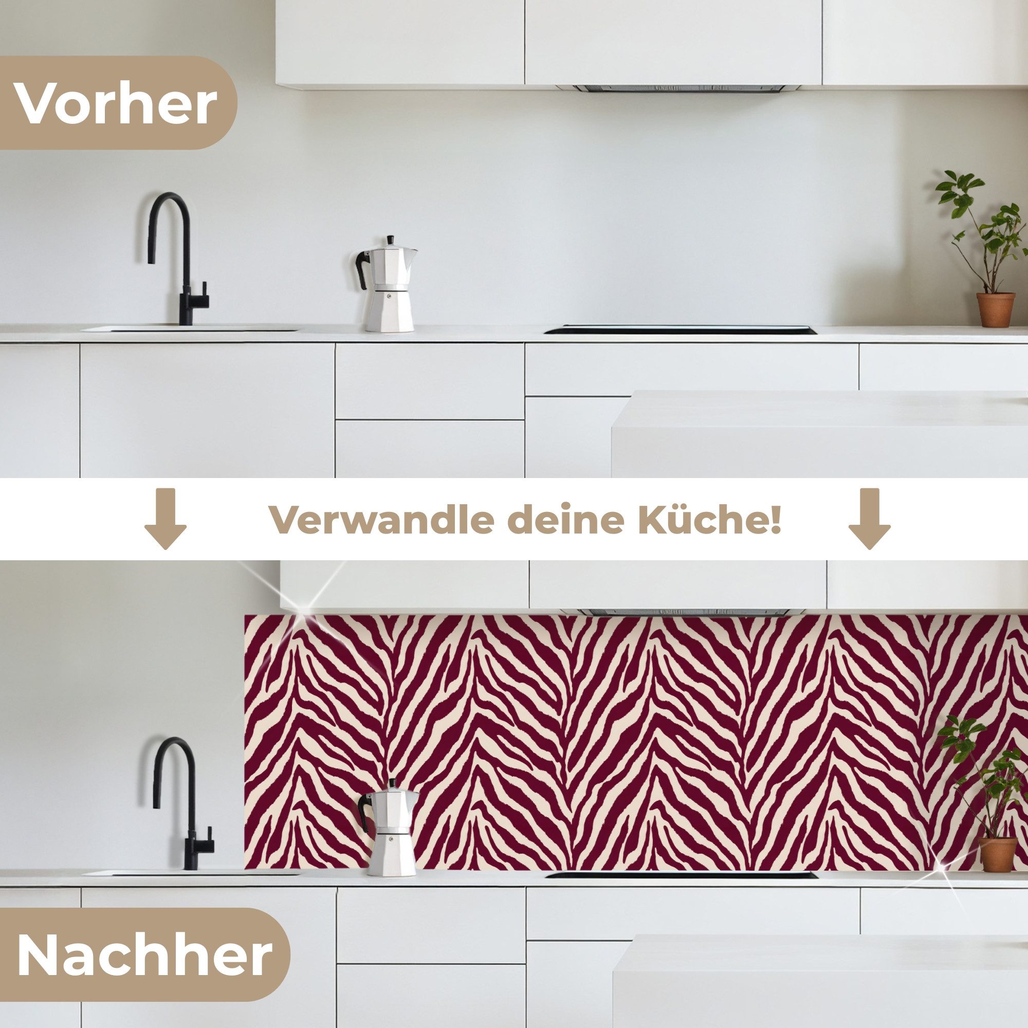 KitchenYeah Küchenrückwand selbstklebend (keine Folie) Zebra - Motiv - Bordeaux - Rot, (1-tlg), Spritzschutz, Küche, Rückwand, Küchenwand, Ohne Bohren, 250x80 cm