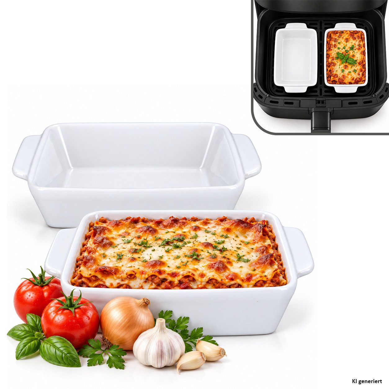 MamboCat Auflaufform 2x STABIL MYSTERY Auflaufform 500ml eckig weiß Airfryer Backform, Keramik von MamboCat