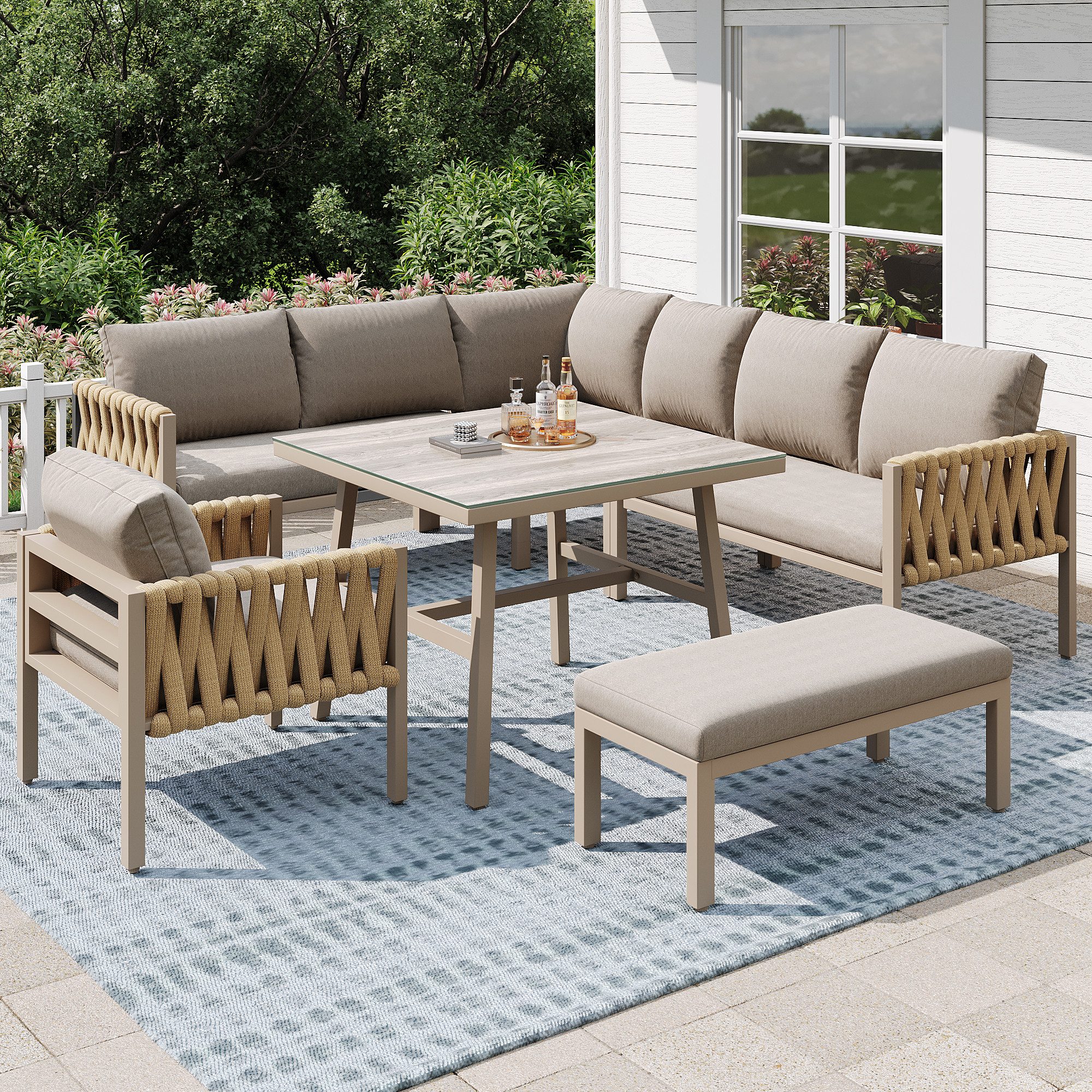 MODFU Sofa Gartenmöbelset,Ecksofa,mit verzinktem Eisengestell, Modernes Gartenmöbelset, Seilgartenmöbel mit verzinktem Eisenrahmen und gehärteter Glasplatte, verstellbare Beine, Outdoor-Sofa, Couch und Tisch mit Kissen – für Terrasse, Garten, Balkon und Patio – für bis zu 7 Personen, mit Relaxfunktion