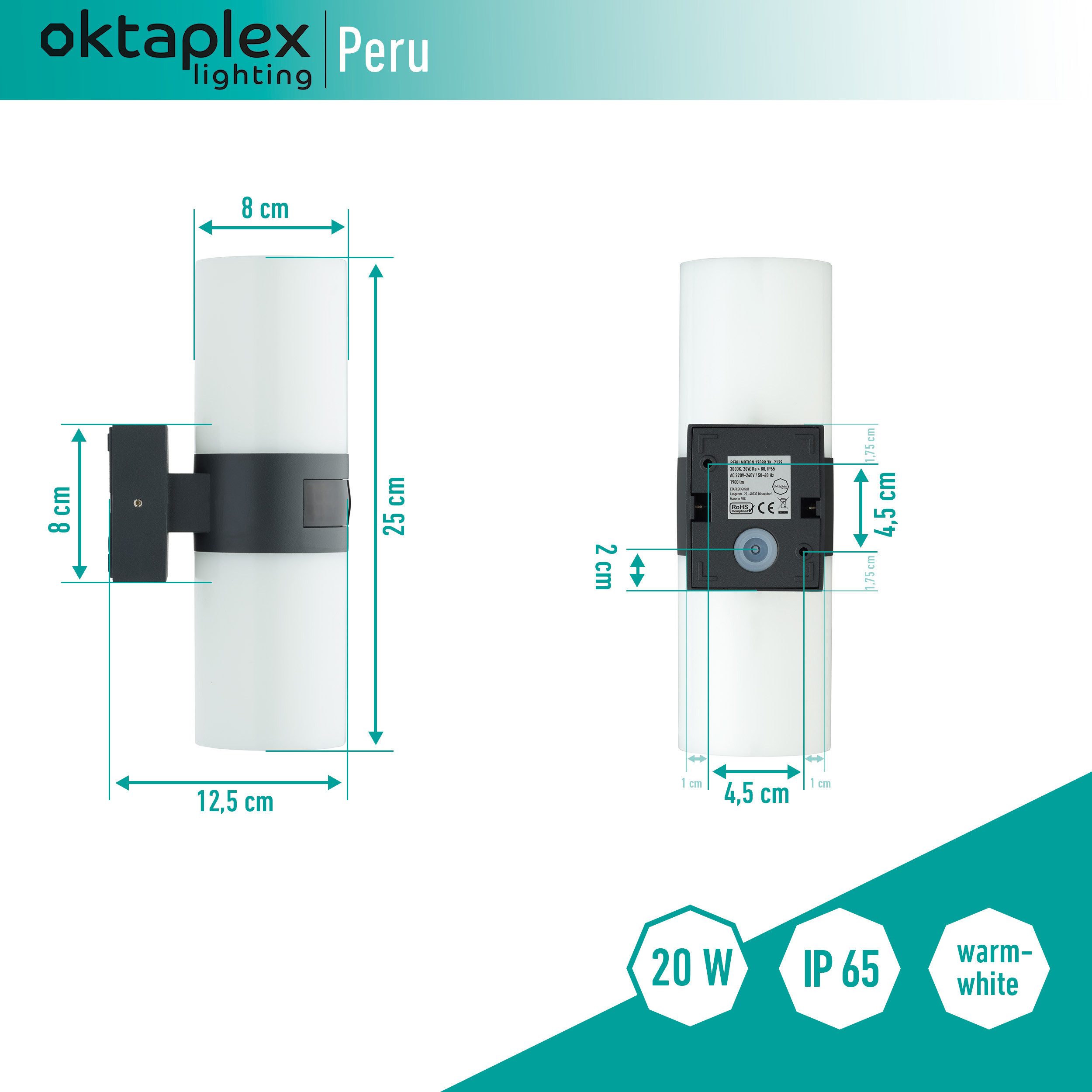 Oktaplex lighting LED Außen-Wandleuchte Peru Außenlampe mit Bewegungsmelder 12m / 180 Grad IP65, Bewegungsmelder, LED fest integriert, Warmweiß, Wandleuchte LED IP65 Außenbeleuchtung 1900 Lumen anthrazit