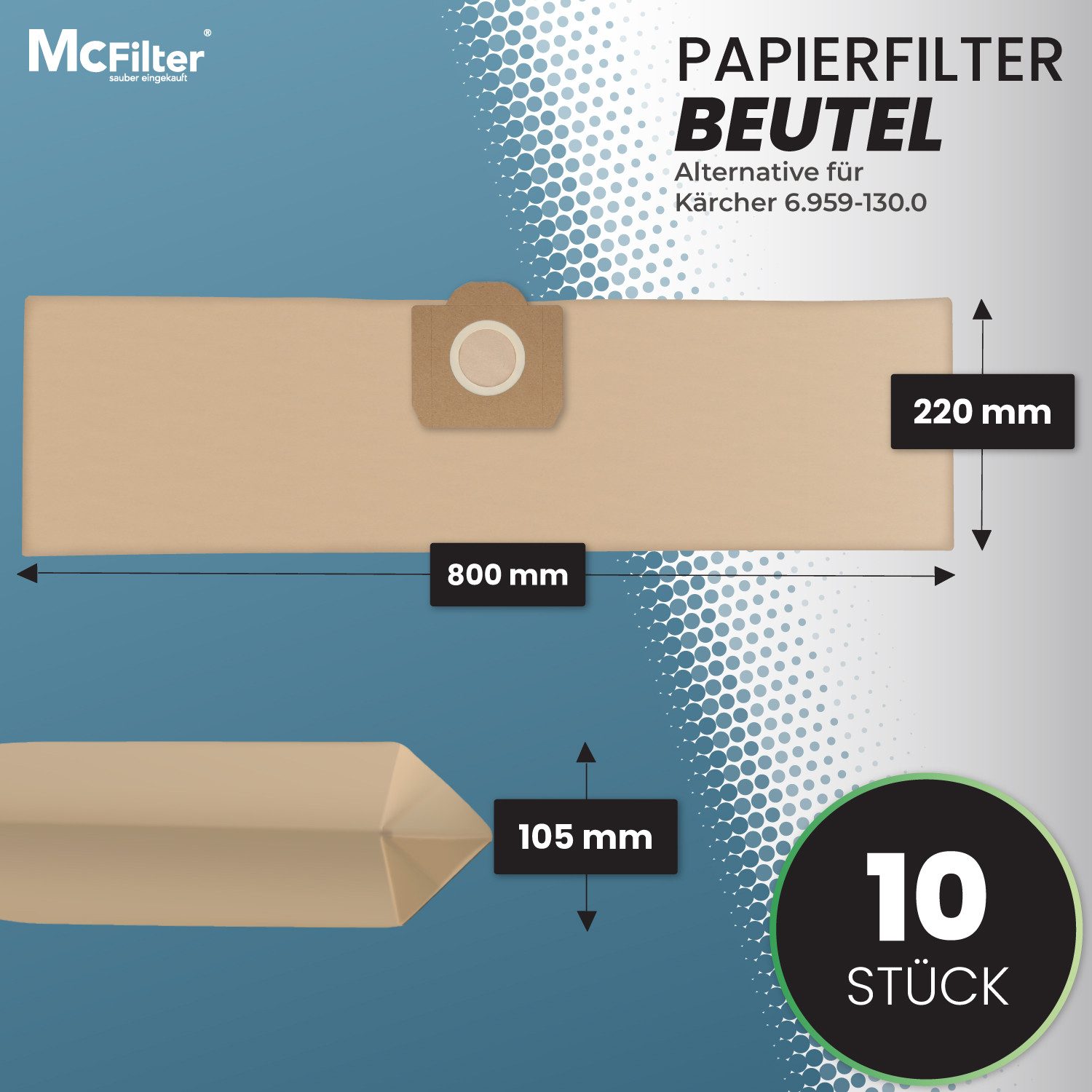 McFilter Staubsaugerbeutel (10 Stück) geeignet für Kärcher 6.959-130.0, passend für Kärcher Nass-Trockensauger WD3 WD 3 und MV3 MV 3 Staubsauger, Gummidichtring, hohe Reißfestigkeit, ungeeignet für Fein - und Schleifstaub, 10 St., Filterpapier, 3-lagig, formstabile Pappdeckscheibe