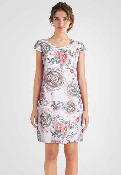 PEKIVESSA Sommerkleid Leinenkleid knielang kurzarm (A-Linie, 1-tlg) mit floralem Muster