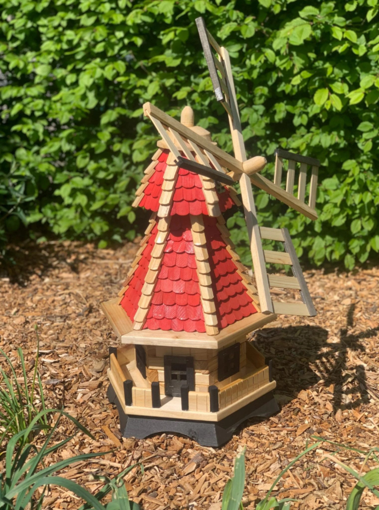 Holzdekoladen Windspiel Garten-Windmühle aus Holz 90 cm mit drehbaren Flügeln