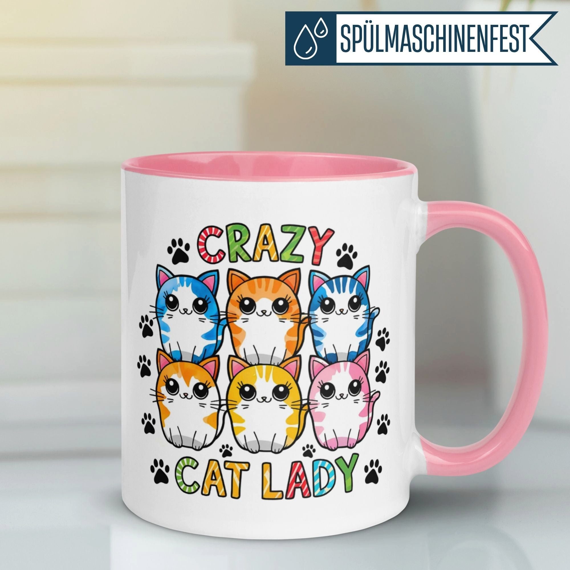 Momentals Tasse Katze – „Crazy Cat Lady“ – lustiger Katzen Geschenk Becher Katzenmama, Gratis Versand · Links-&Rechtshänder · Spülmaschinenfest