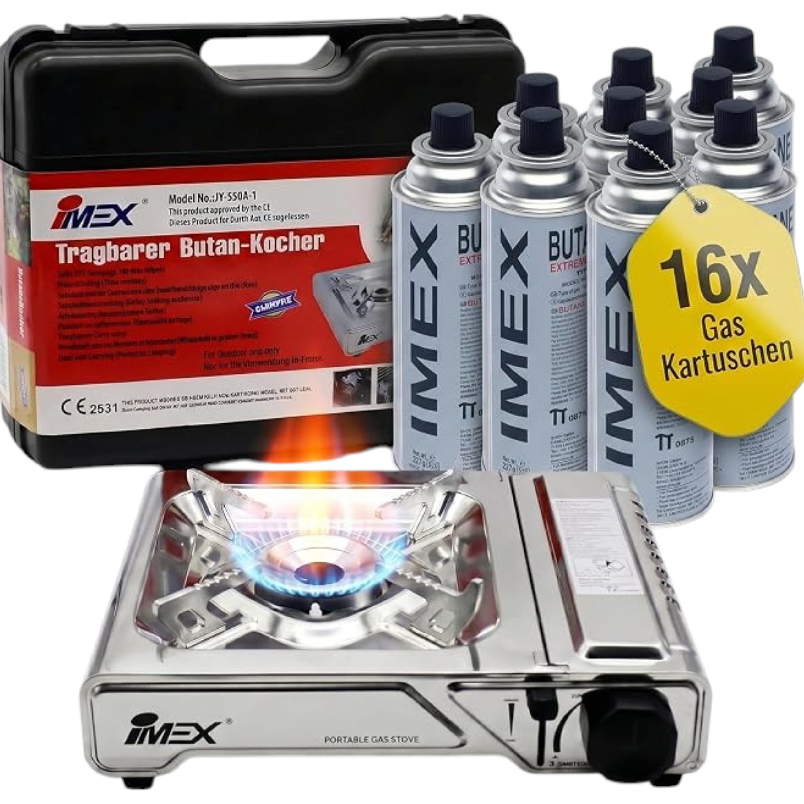 IMEX Gaskocher MEX JY550A-1 Butan Gaskocher 2200 W mit Koffer + 16 Gaskartuschen