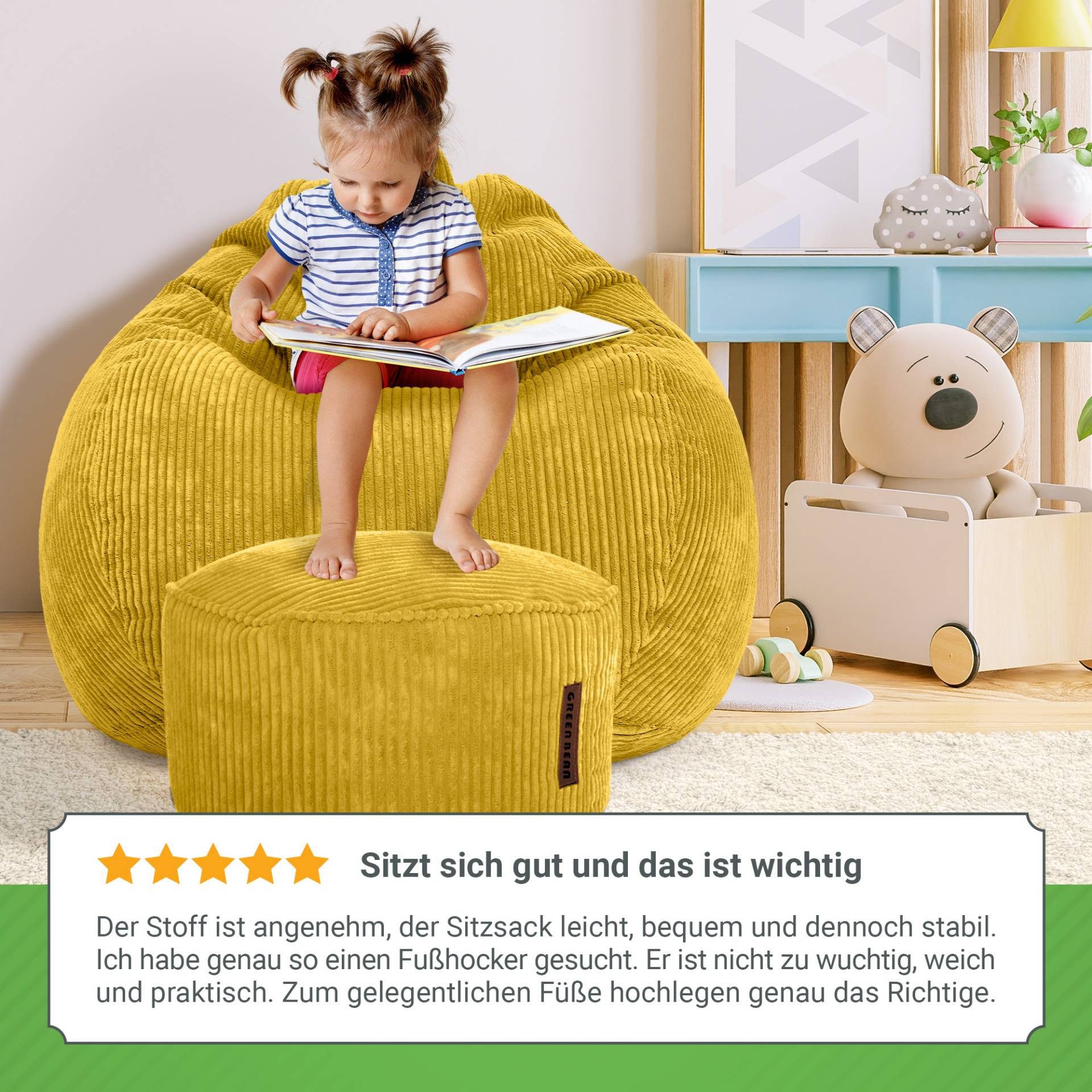 Green Bean Sitzsack XXL Sitzsack Scoop + Hocker aus Cord, Indoor Sitzkissen mit Sitzhocker, Relax Sessel – Bild 4 von 5