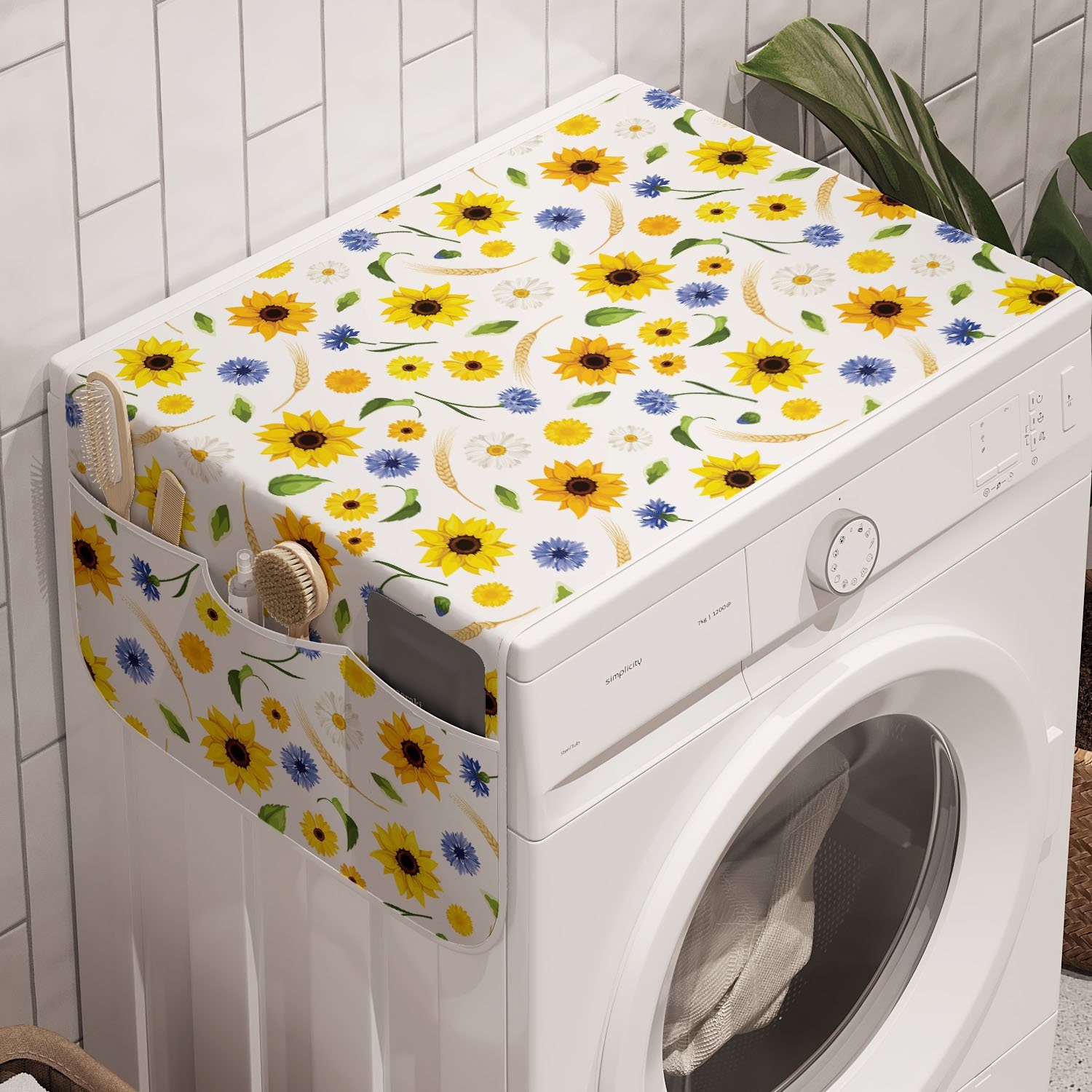 Abakuhaus Badorganizer Anti-Rutsch-Stoffabdeckung für Waschmaschine und Trockner, Gelb weiss Botanic Pattern