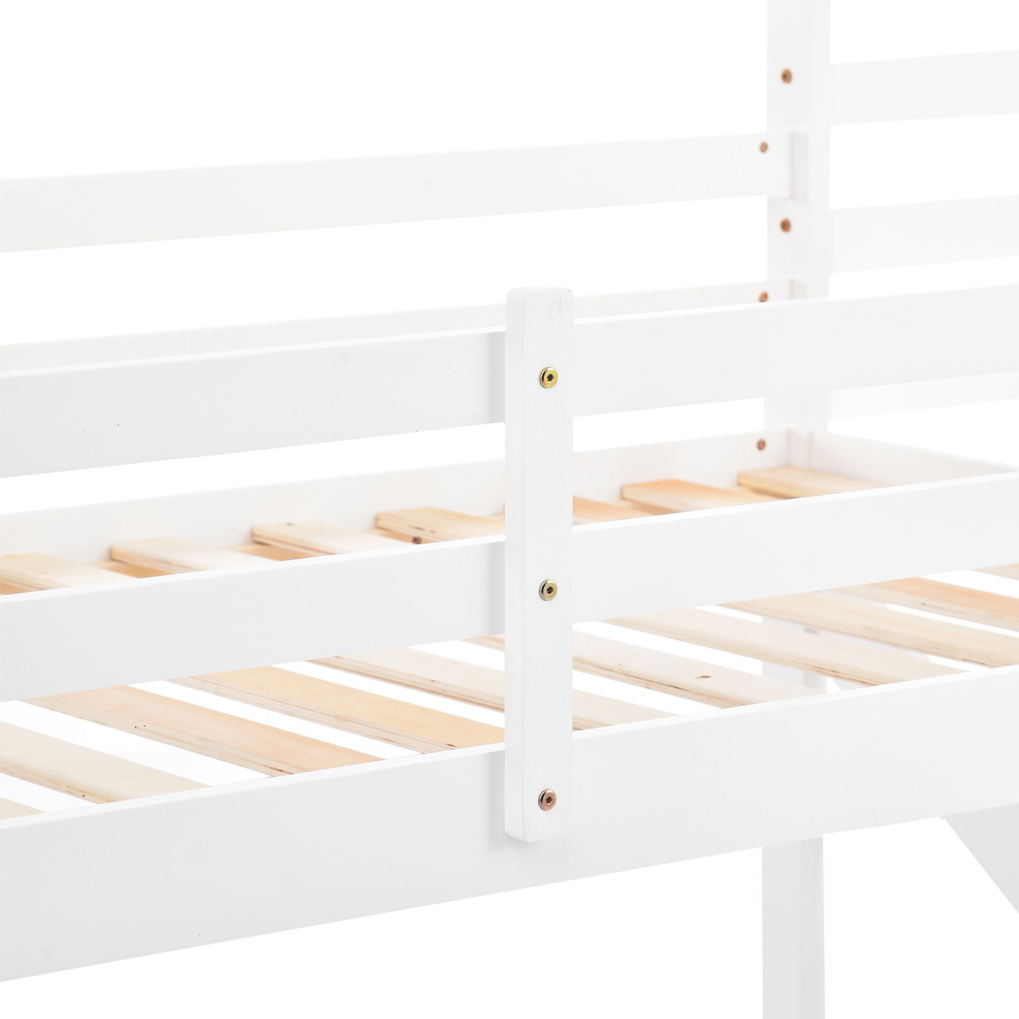 Etagenbett (Hochbett Hausbett Spielbett mit Treppe, Fallschutz und Lattenrost), Kinderbett Stockbett 90x200 cm, Kiefer, Ohne Matratze, Weiß