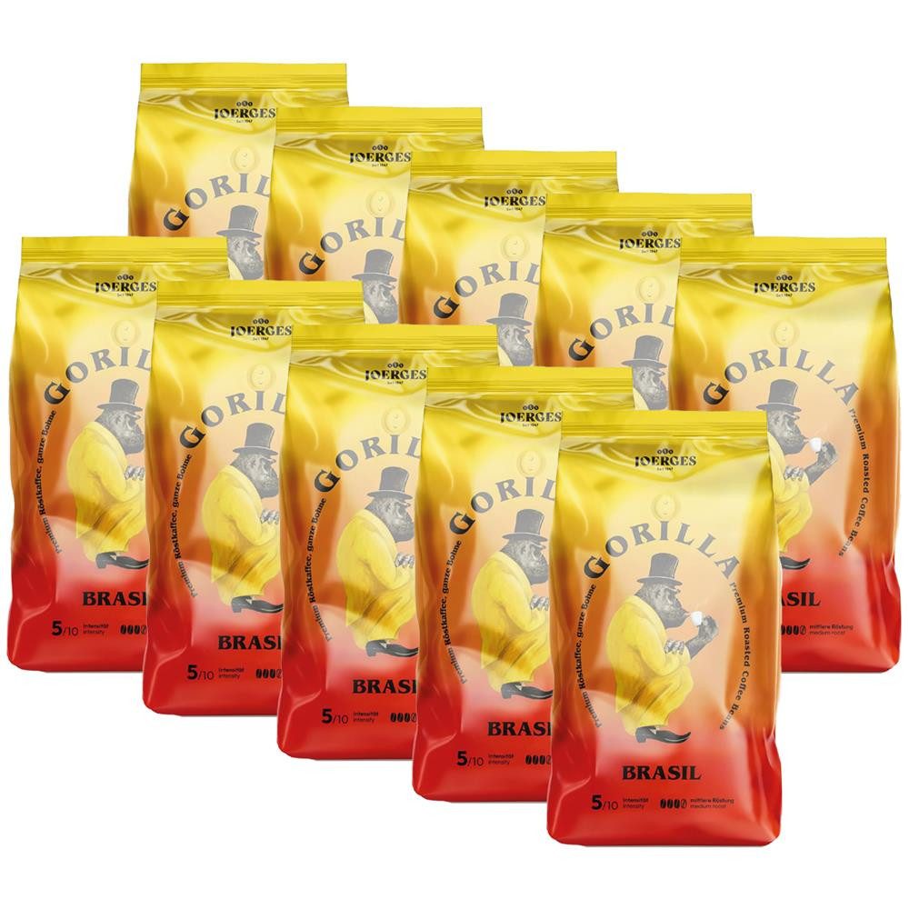 Gorilla Kaffee Joerges Kaffeebohnen 10x1kg Brasil mittel geröstet Bohnen, 10 x 1000 g, harmonische Balance zwischen Aroma und Säure